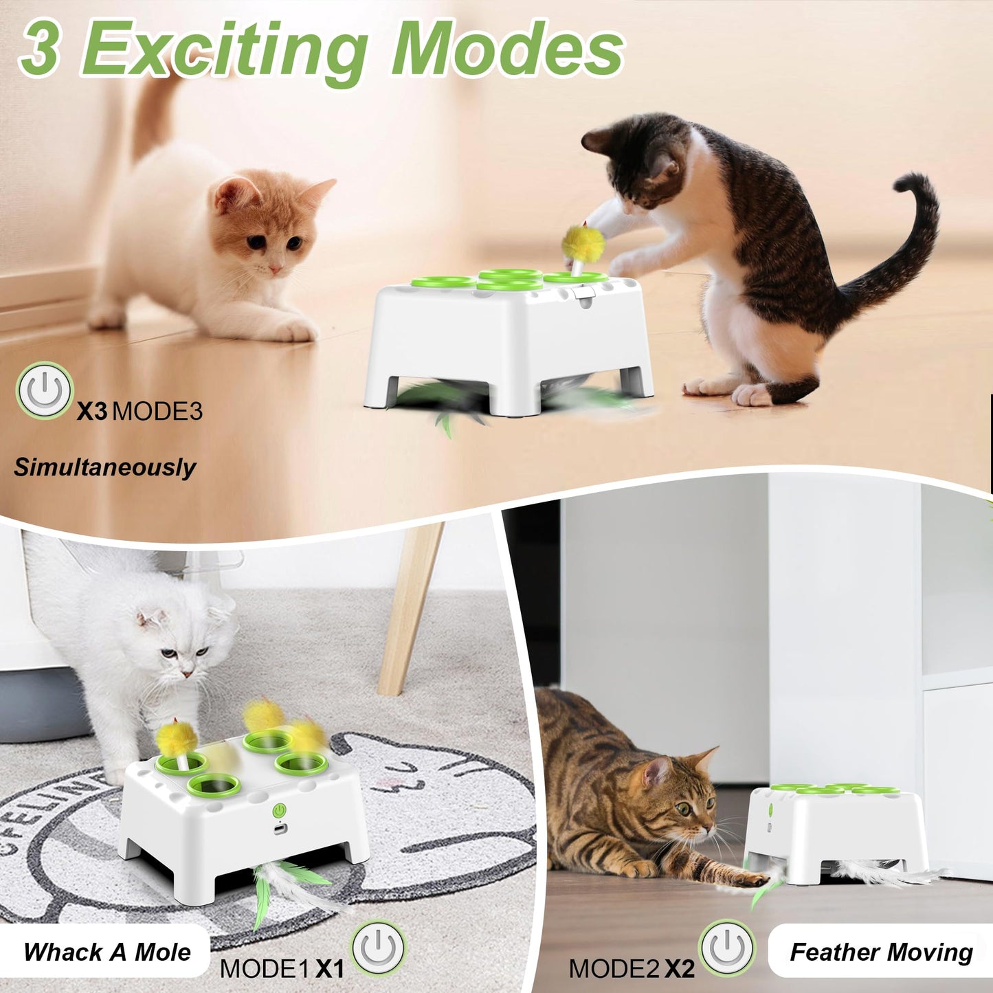 Interactive Cat Toys, 2-in-1 Automatic Cat Toy, 4 Holes Mice Whack A Mole Cat Mouse Toy with Moving Feather, Portable USB Rechargeable Electronic Kitten Toys White