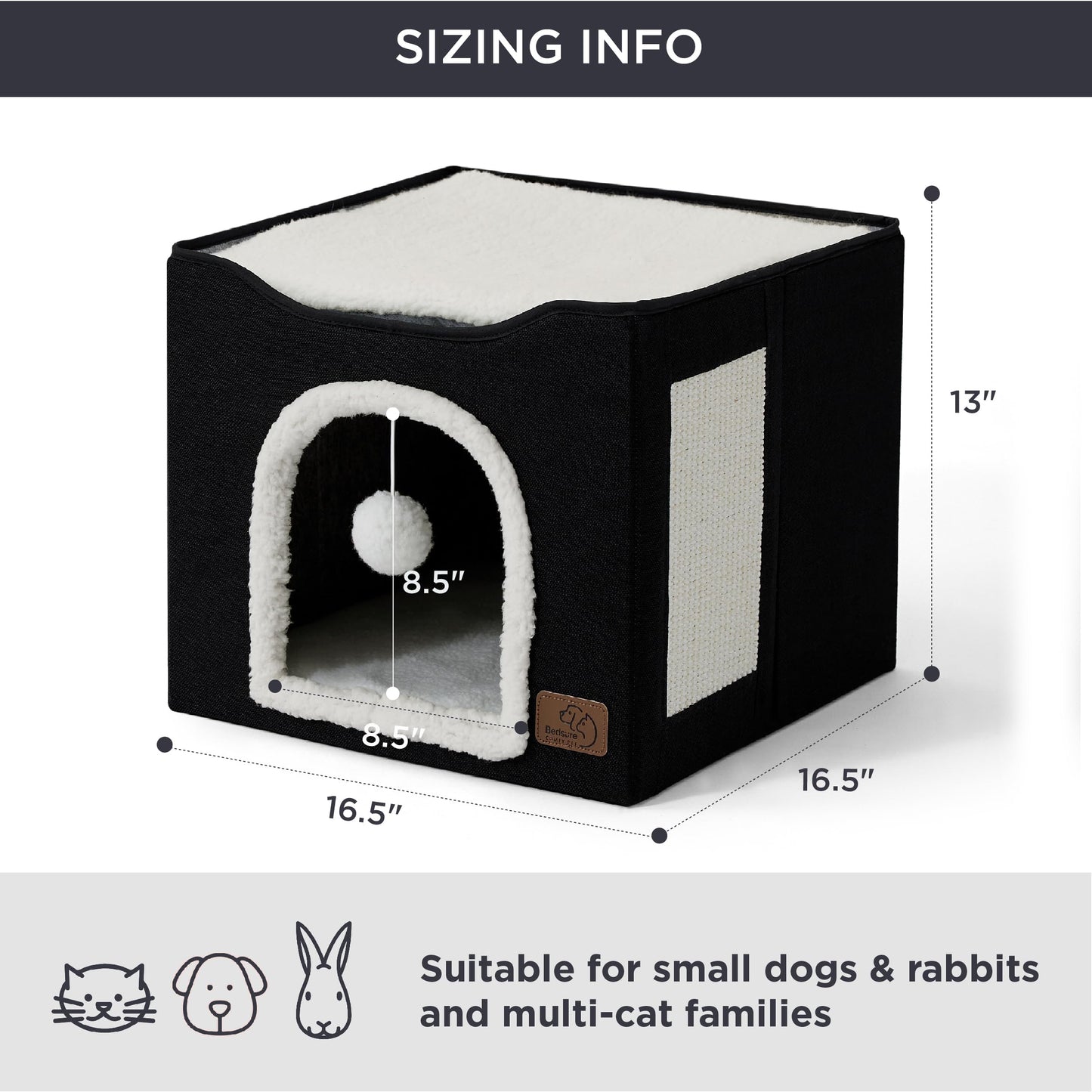 Bedsure Cat Beds for Indoor Cats - Large Cat Cave for Pet Cat House with Fluffy Ball Hanging and Scratch Pad, Foldable Cat Hideaway,16.5x16.5x13 inches, Grey