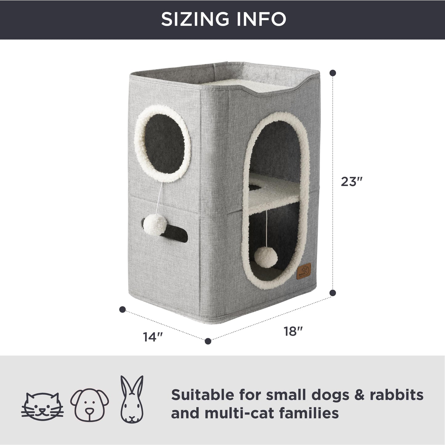 Bedsure Cat Beds for Indoor Cats - Large Cat Cave for Pet Cat House with Fluffy Ball Hanging and Scratch Pad, Foldable Cat Hideaway,16.5x16.5x13 inches, Grey