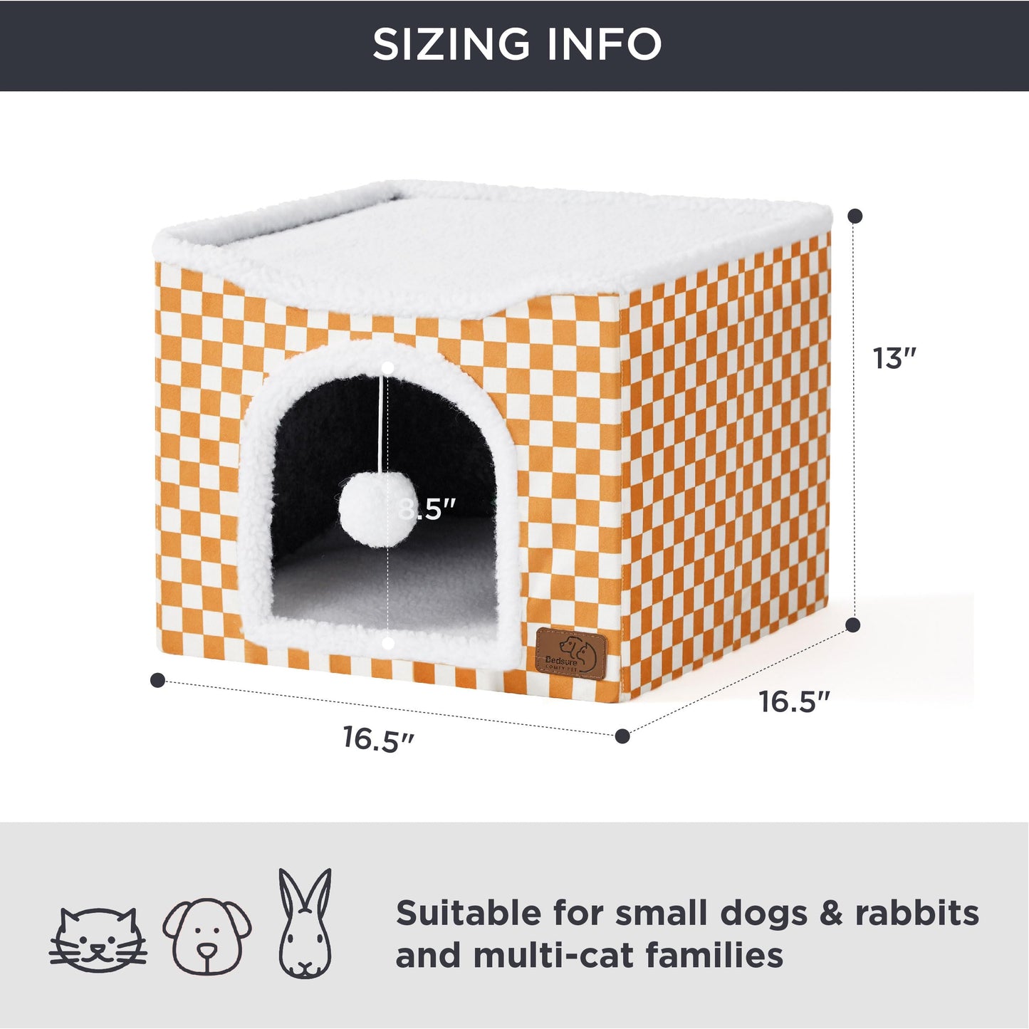 Bedsure Cat Beds for Indoor Cats - Large Cat Cave for Pet Cat House with Fluffy Ball Hanging and Scratch Pad, Foldable Cat Hideaway,16.5x16.5x13 inches, Grey