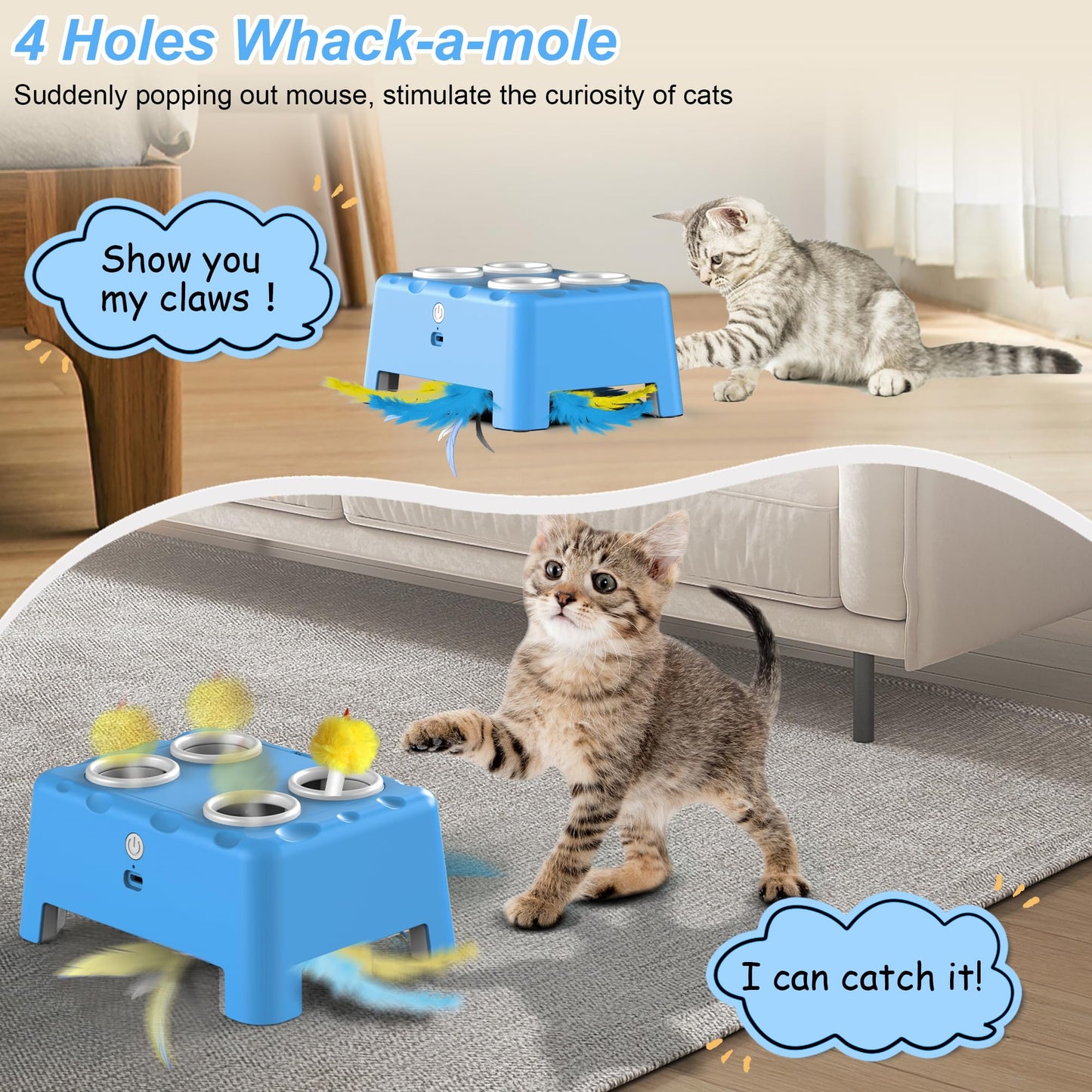 Interactive Cat Toys, 2-in-1 Automatic Cat Toy, 4 Holes Mice Whack A Mole Cat Mouse Toy with Moving Feather, Portable USB Rechargeable Electronic Kitten Toys White