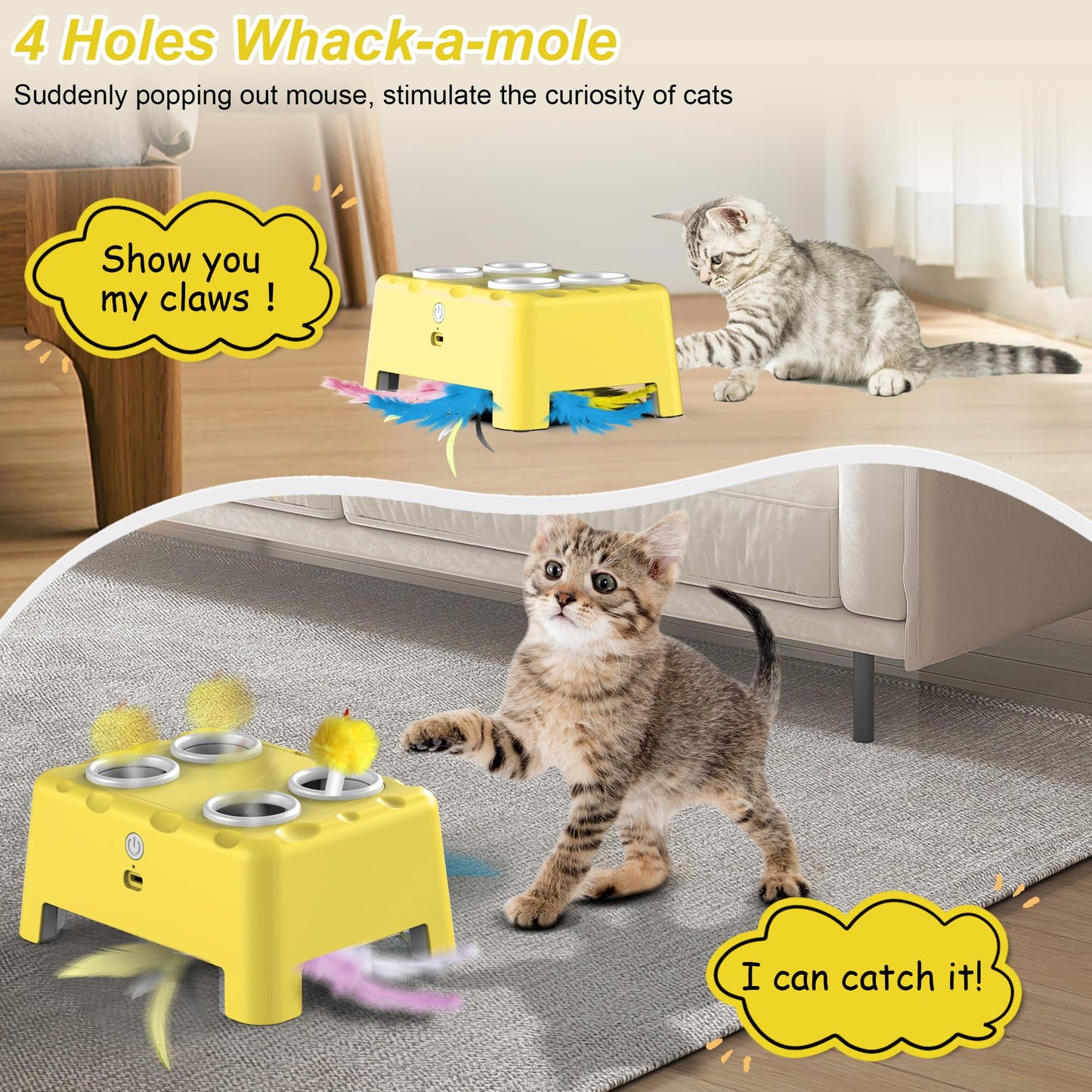 Interactive Cat Toys, 2-in-1 Automatic Cat Toy, 4 Holes Mice Whack A Mole Cat Mouse Toy with Moving Feather, Portable USB Rechargeable Electronic Kitten Toys White