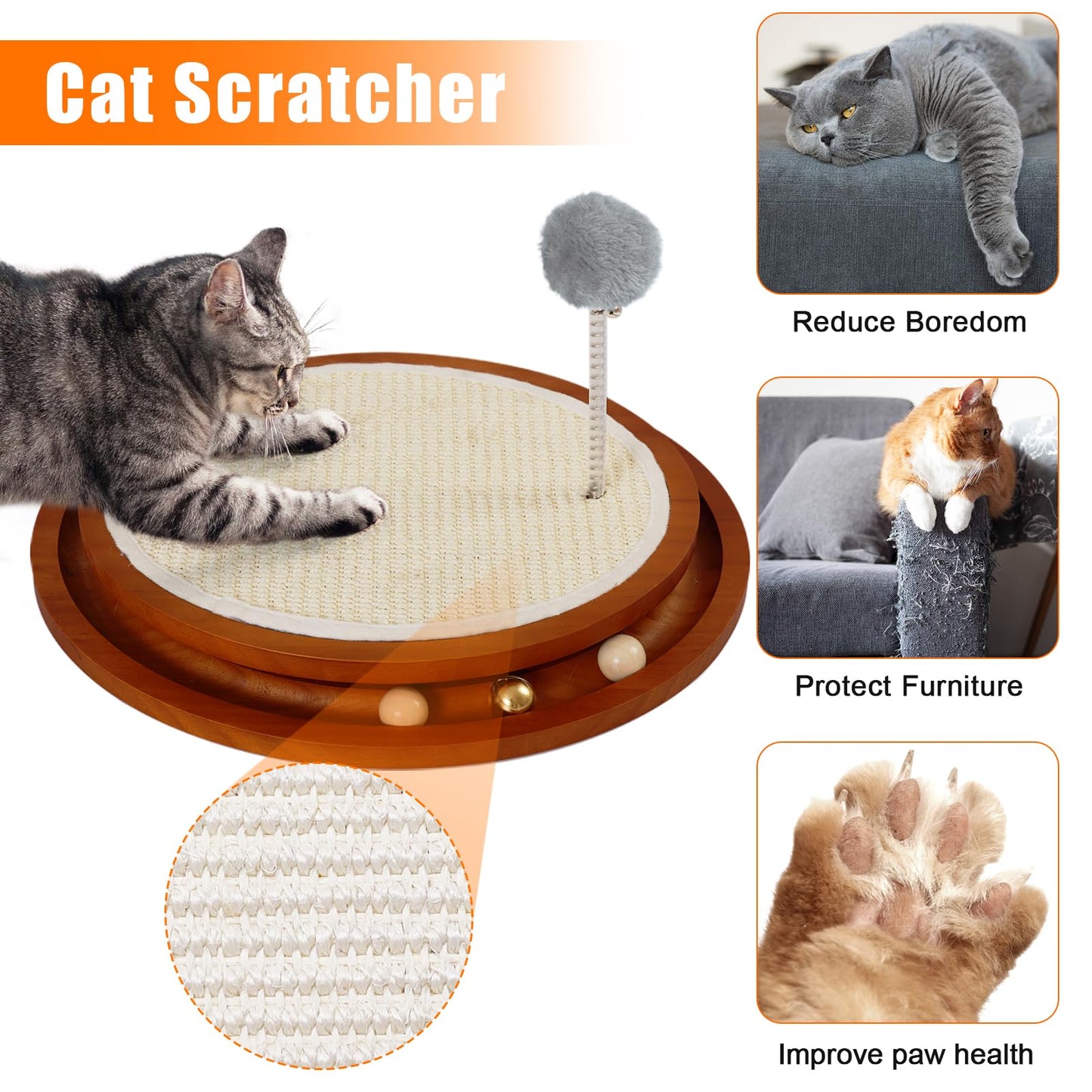 Cat Scratcher, Cat Natural Sisal Scratching Pad, Kitten Interactive Toy with Ball Track Spring Ball for Chasing Hunting Mental Physical Exercise Puzzle