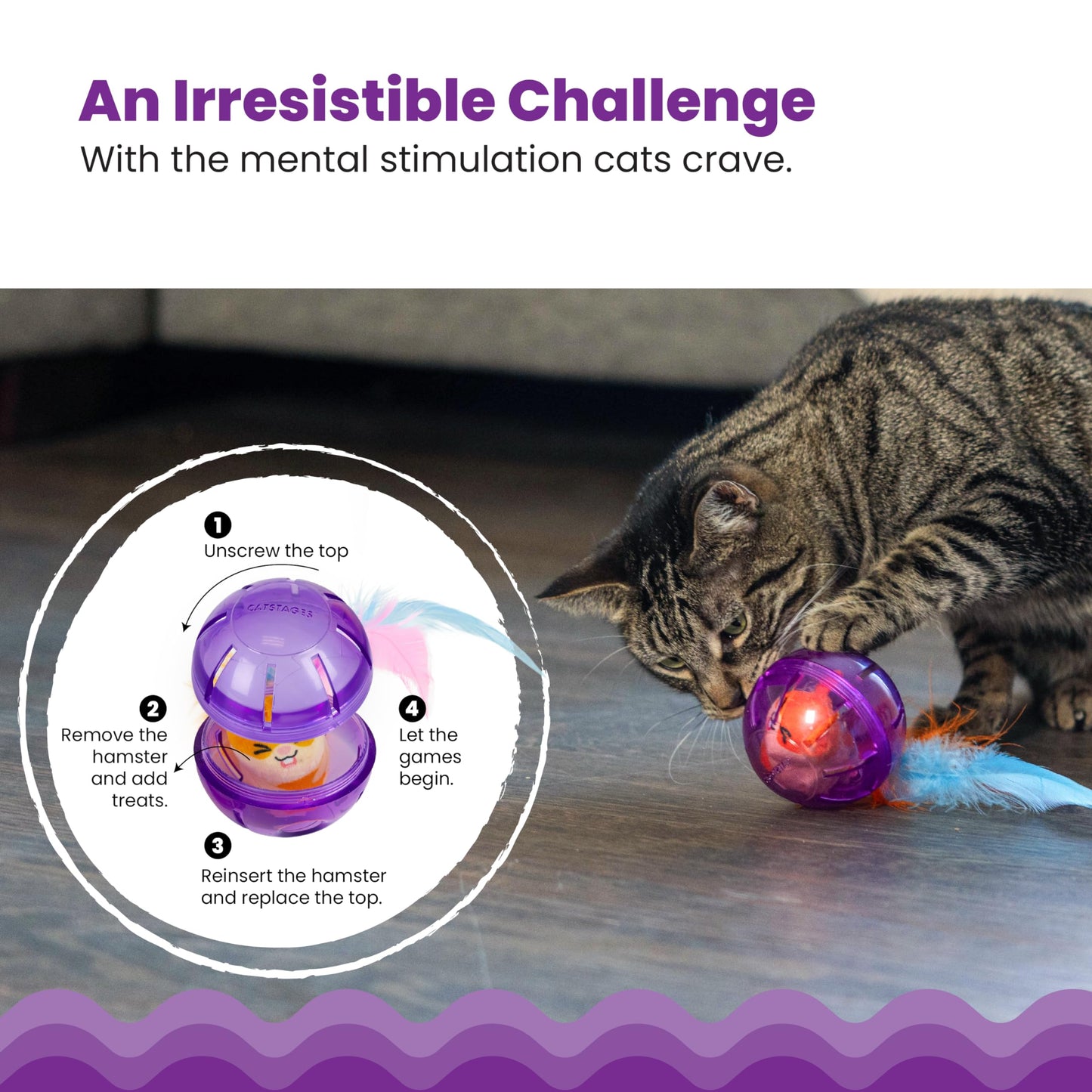 Catstages Hamster Ball Interactive Treat Stuffer for Cats with Plush Toy Inside, Purple