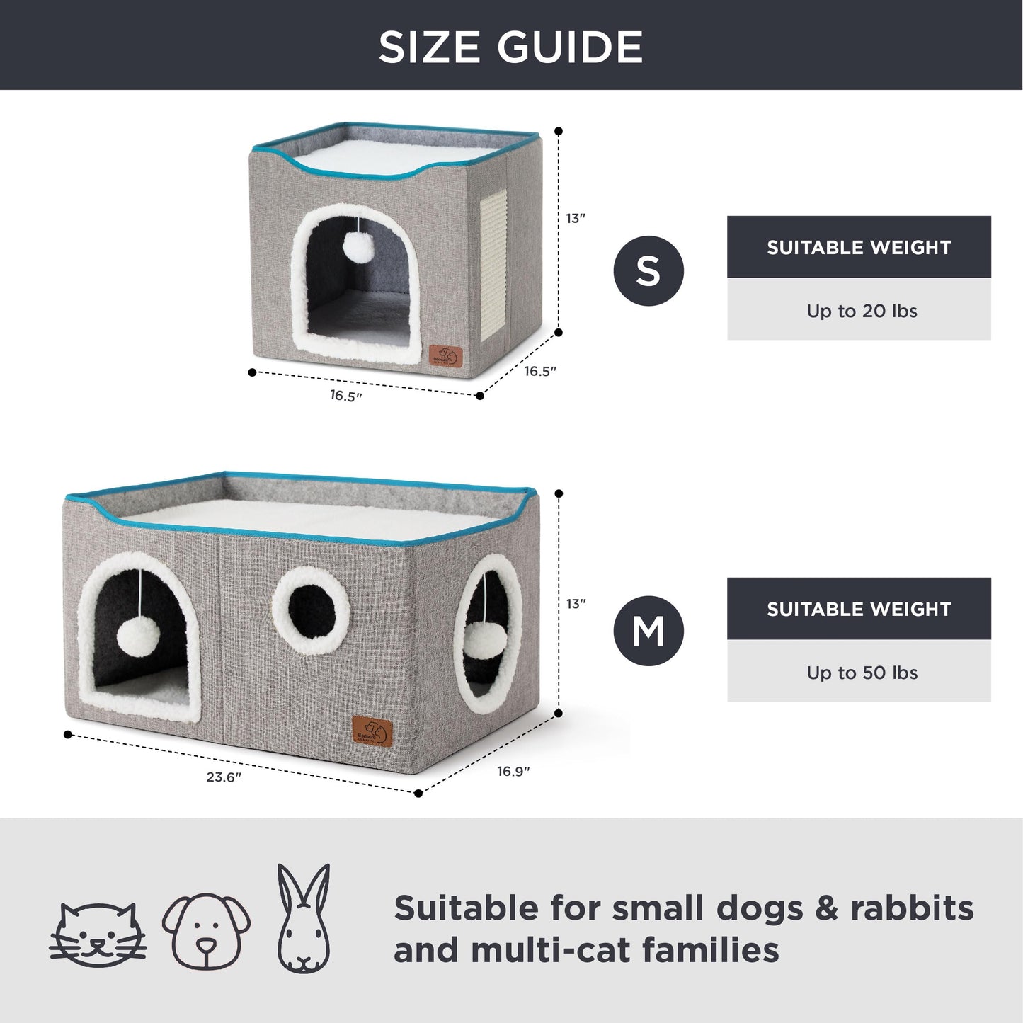 Bedsure Cat Beds for Indoor Cats - Large Cat Cave for Pet Cat House with Fluffy Ball Hanging and Scratch Pad, Foldable Cat Hideaway,16.5x16.5x13 inches, Grey