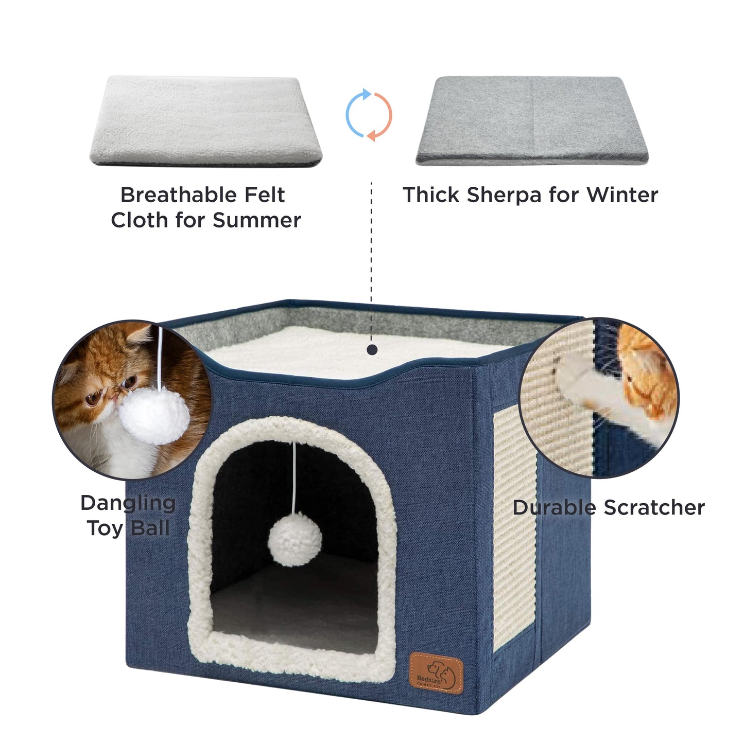 Bedsure Cat Beds for Indoor Cats - Large Cat Cave for Pet Cat House with Fluffy Ball Hanging and Scratch Pad, Foldable Cat Hideaway,16.5x16.5x13 inches, Grey