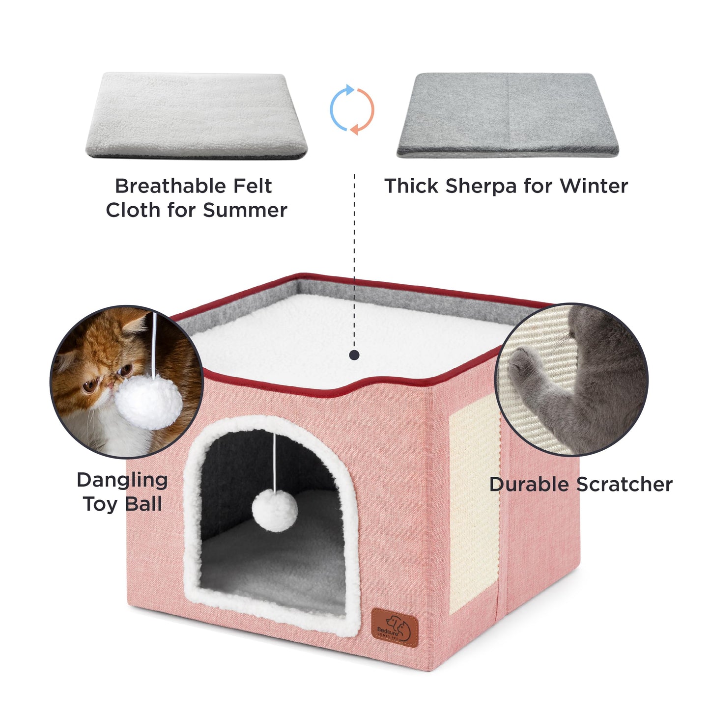 Bedsure Cat Beds for Indoor Cats - Large Cat Cave for Pet Cat House with Fluffy Ball Hanging and Scratch Pad, Foldable Cat Hideaway,16.5x16.5x13 inches, Grey