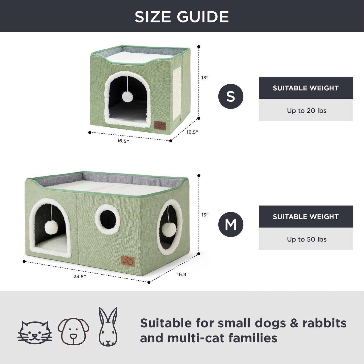 Bedsure Cat Beds for Indoor Cats - Large Cat Cave for Pet Cat House with Fluffy Ball Hanging and Scratch Pad, Foldable Cat Hideaway,16.5x16.5x13 inches, Grey