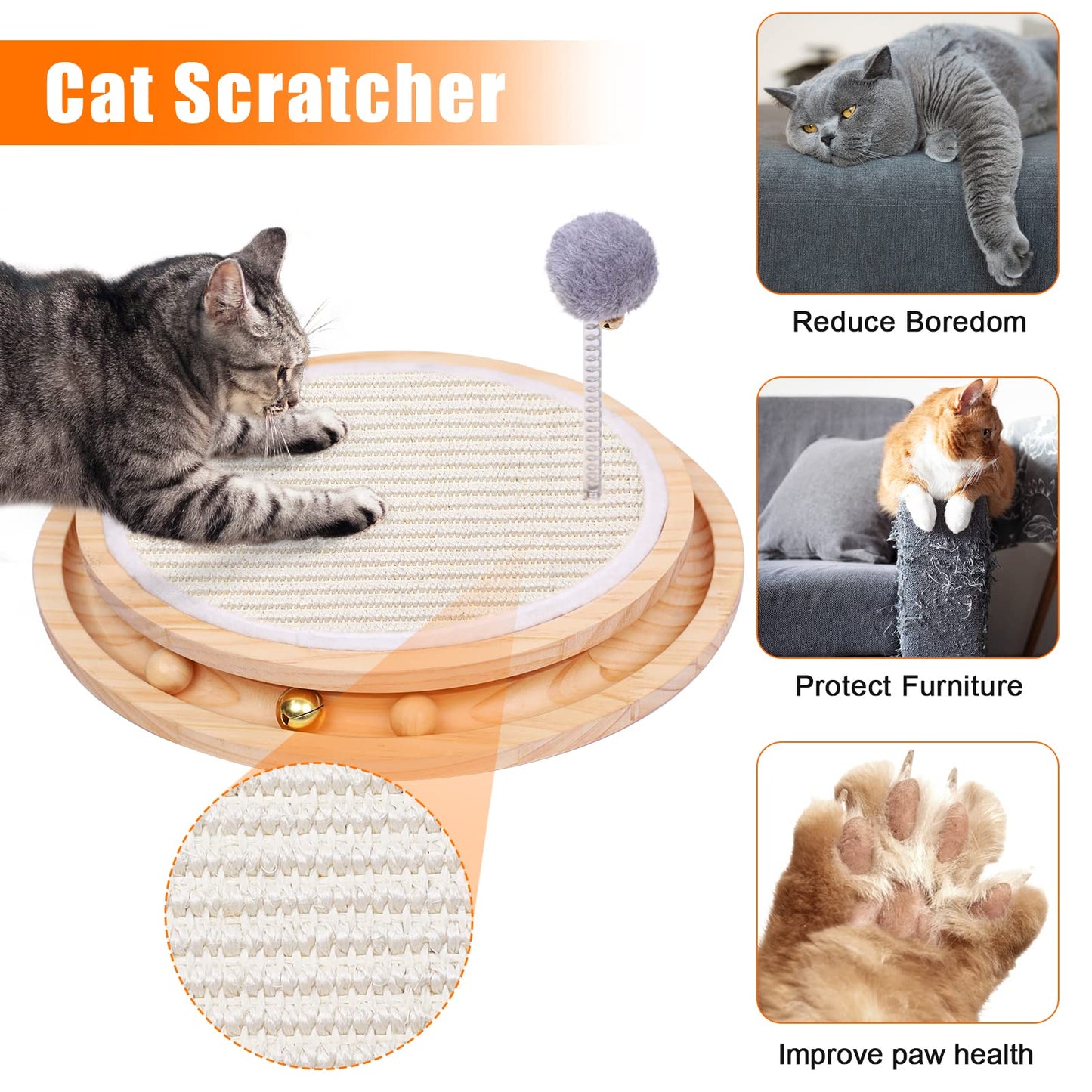 Cat Scratcher, Cat Natural Sisal Scratching Pad, Kitten Interactive Toy with Ball Track Spring Ball for Chasing Hunting Mental Physical Exercise Puzzle