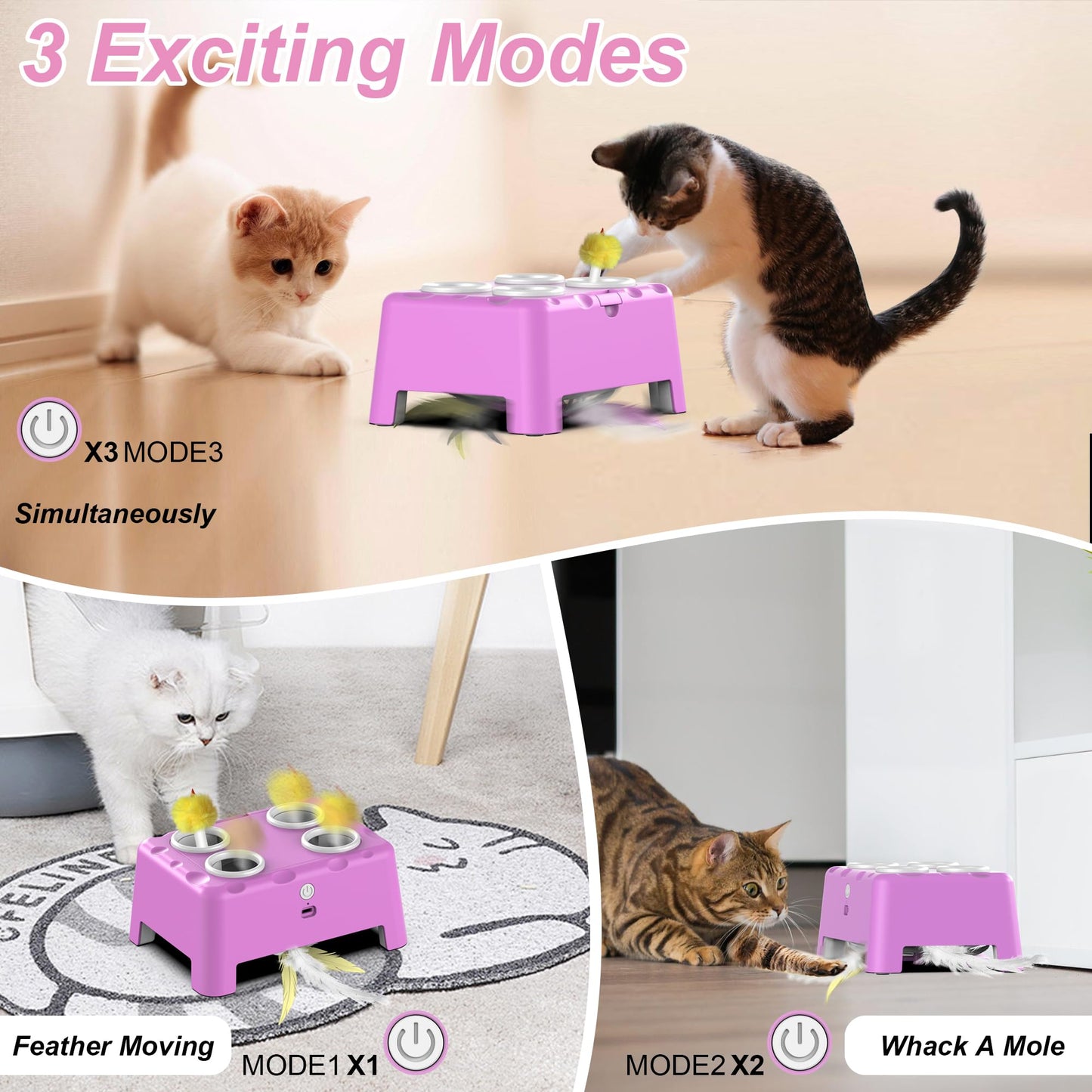 Interactive Cat Toys, 2-in-1 Automatic Cat Toy, 4 Holes Mice Whack A Mole Cat Mouse Toy with Moving Feather, Portable USB Rechargeable Electronic Kitten Toys White