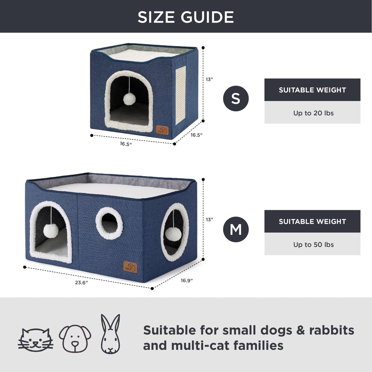 Bedsure Cat Beds for Indoor Cats - Large Cat Cave for Pet Cat House with Fluffy Ball Hanging and Scratch Pad, Foldable Cat Hideaway,16.5x16.5x13 inches, Grey