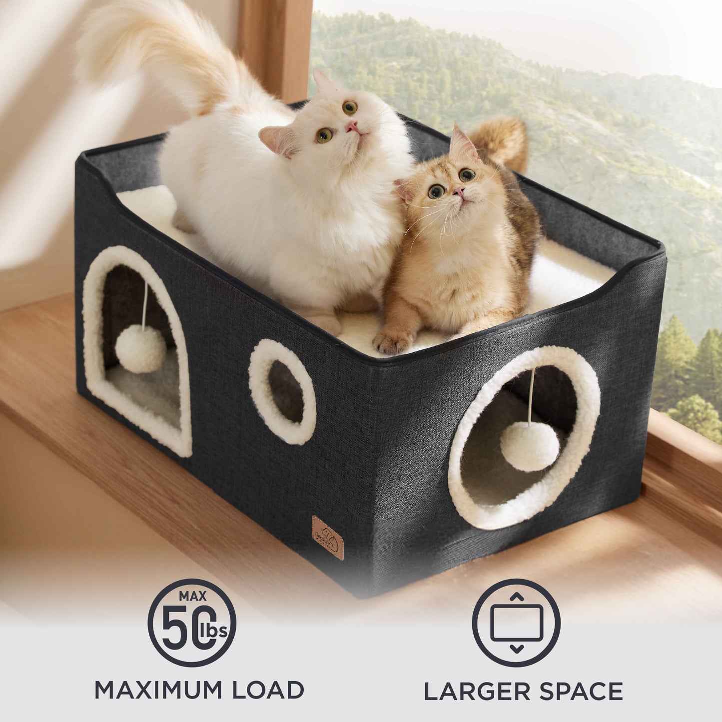 Bedsure Cat Beds for Indoor Cats - Large Cat Cave for Pet Cat House with Fluffy Ball Hanging and Scratch Pad, Foldable Cat Hideaway,16.5x16.5x13 inches, Grey