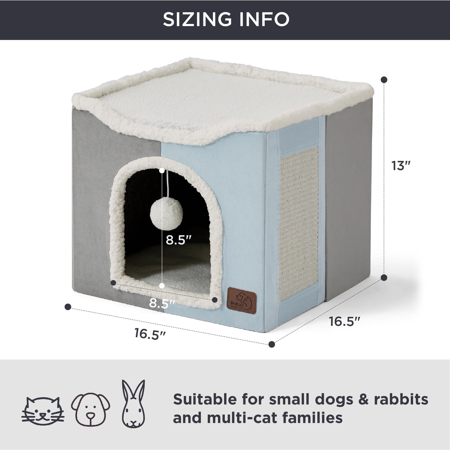 Bedsure Cat Beds for Indoor Cats - Large Cat Cave for Pet Cat House with Fluffy Ball Hanging and Scratch Pad, Foldable Cat Hideaway,16.5x16.5x13 inches, Grey