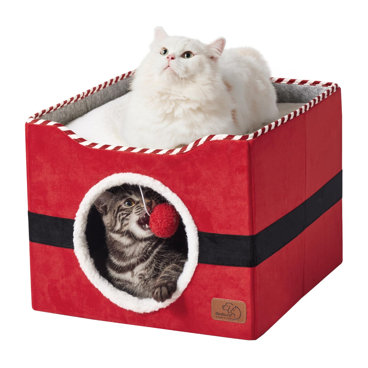 Bedsure Cat Beds for Indoor Cats - Large Cat Cave for Pet Cat House with Fluffy Ball Hanging and Scratch Pad, Foldable Cat Hideaway,16.5x16.5x13 inches, Grey