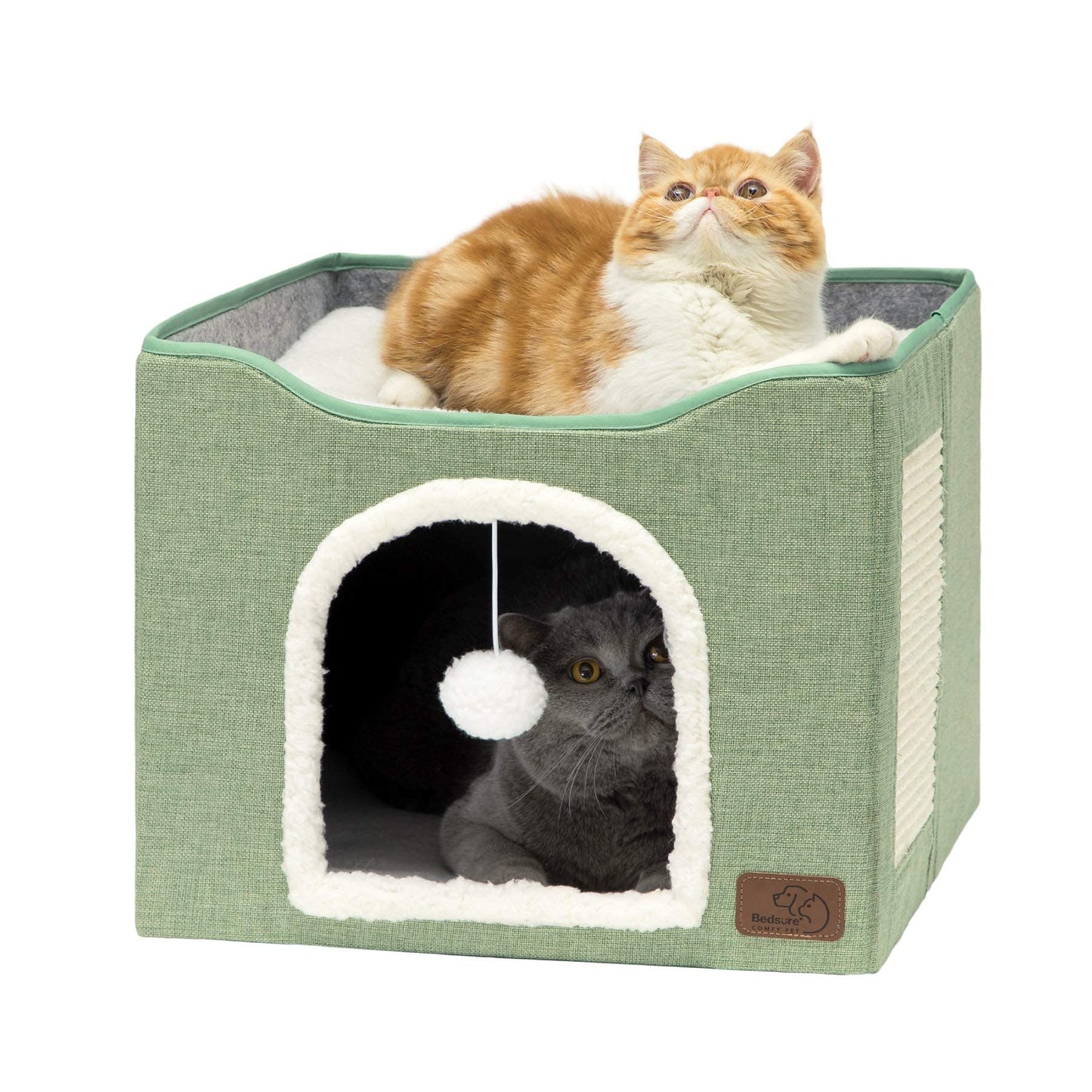 Bedsure Cat Beds for Indoor Cats - Large Cat Cave for Pet Cat House with Fluffy Ball Hanging and Scratch Pad, Foldable Cat Hideaway,16.5x16.5x13 inches, Grey