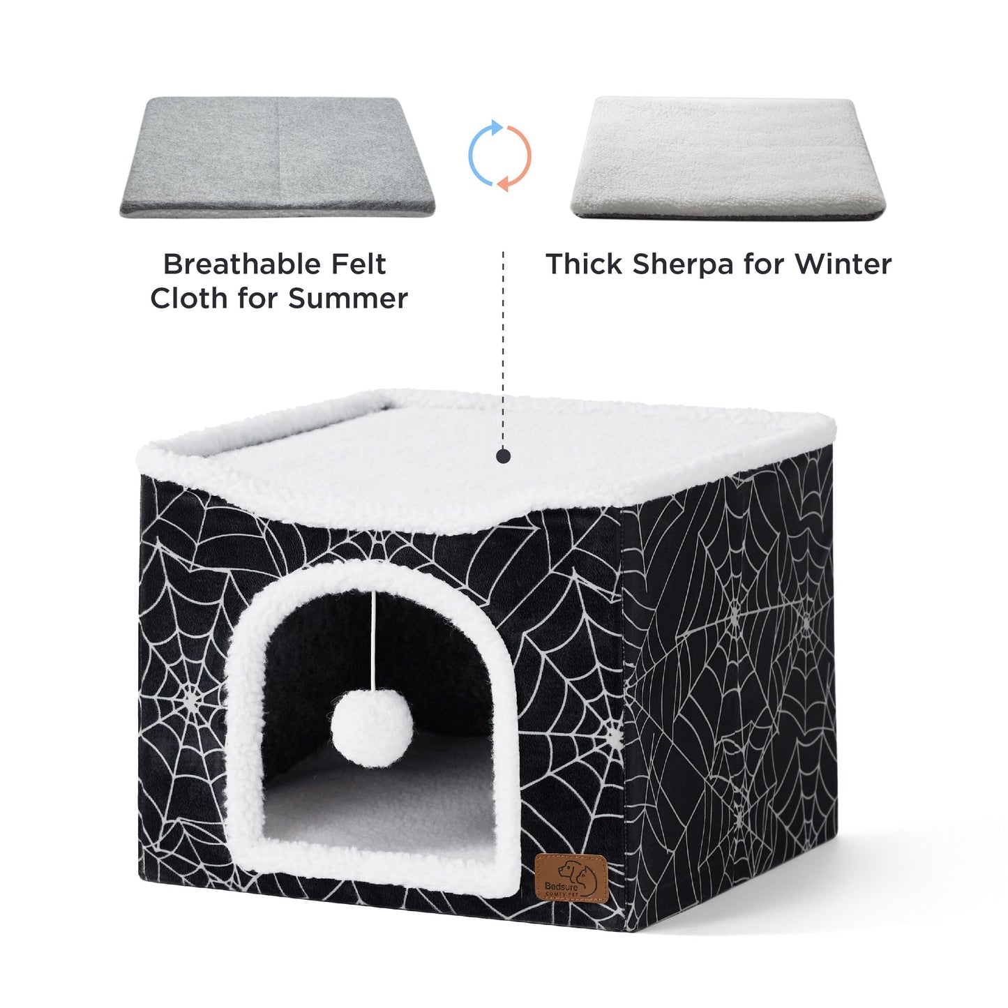 Bedsure Cat Beds for Indoor Cats - Large Cat Cave for Pet Cat House with Fluffy Ball Hanging and Scratch Pad, Foldable Cat Hideaway,16.5x16.5x13 inches, Grey