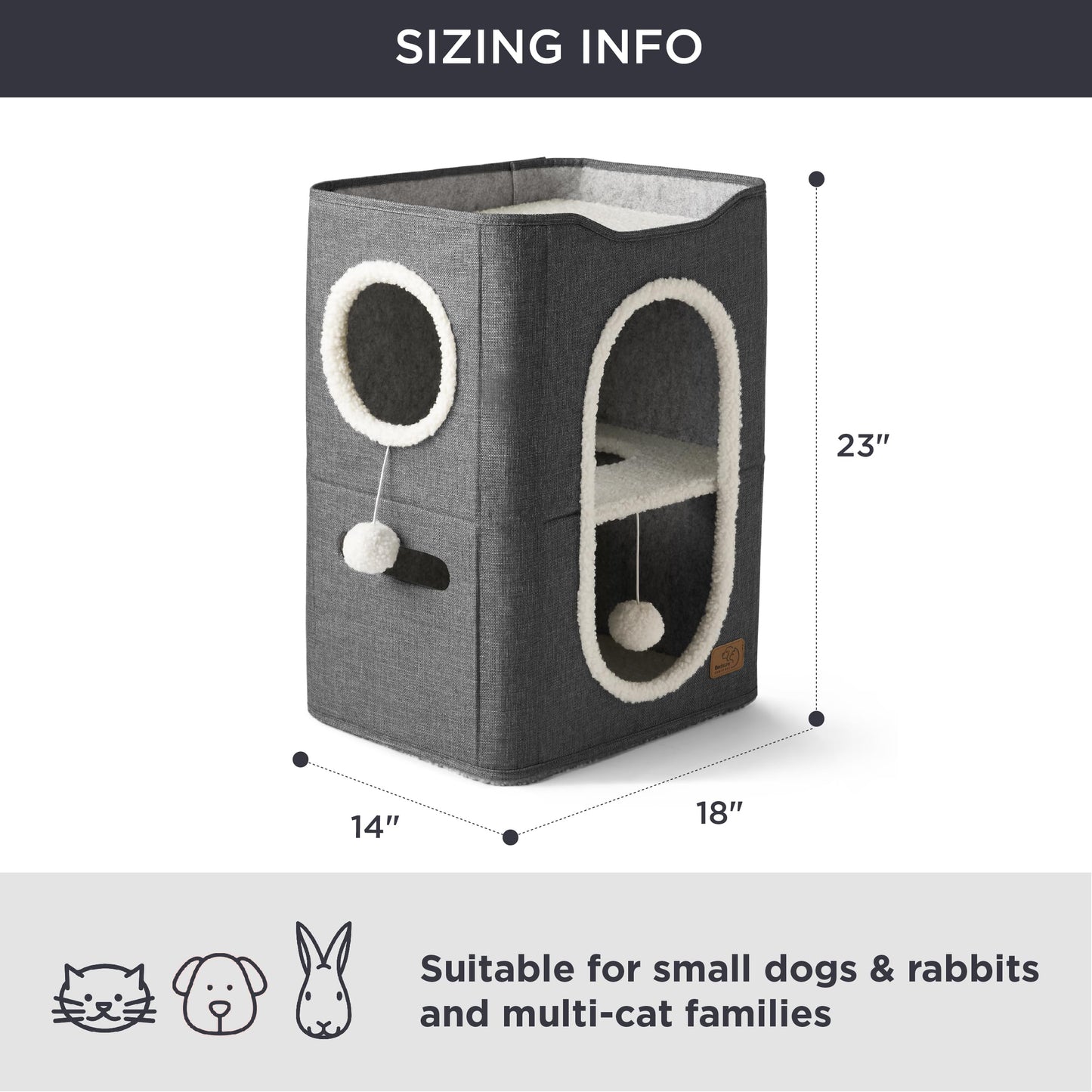 Bedsure Cat Beds for Indoor Cats - Large Cat Cave for Pet Cat House with Fluffy Ball Hanging and Scratch Pad, Foldable Cat Hideaway,16.5x16.5x13 inches, Grey