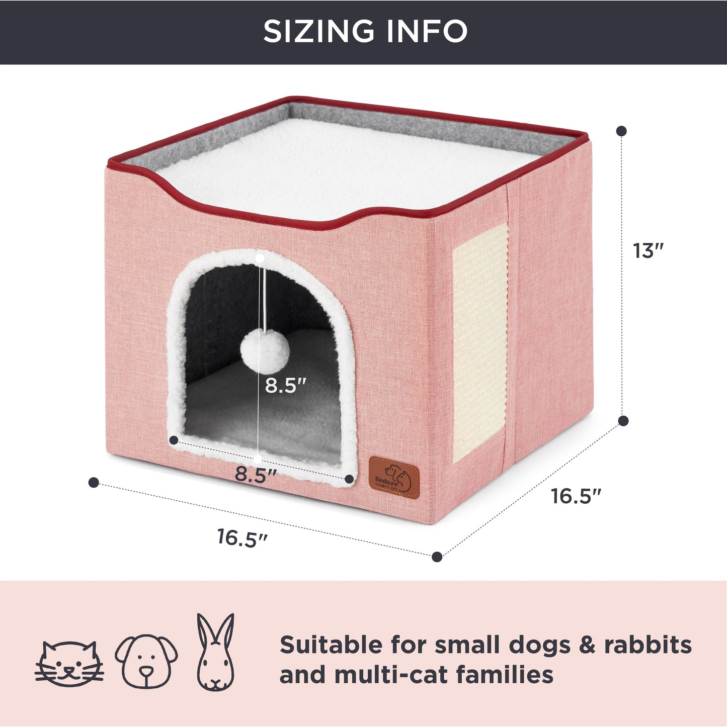 Bedsure Cat Beds for Indoor Cats - Large Cat Cave for Pet Cat House with Fluffy Ball Hanging and Scratch Pad, Foldable Cat Hideaway,16.5x16.5x13 inches, Grey