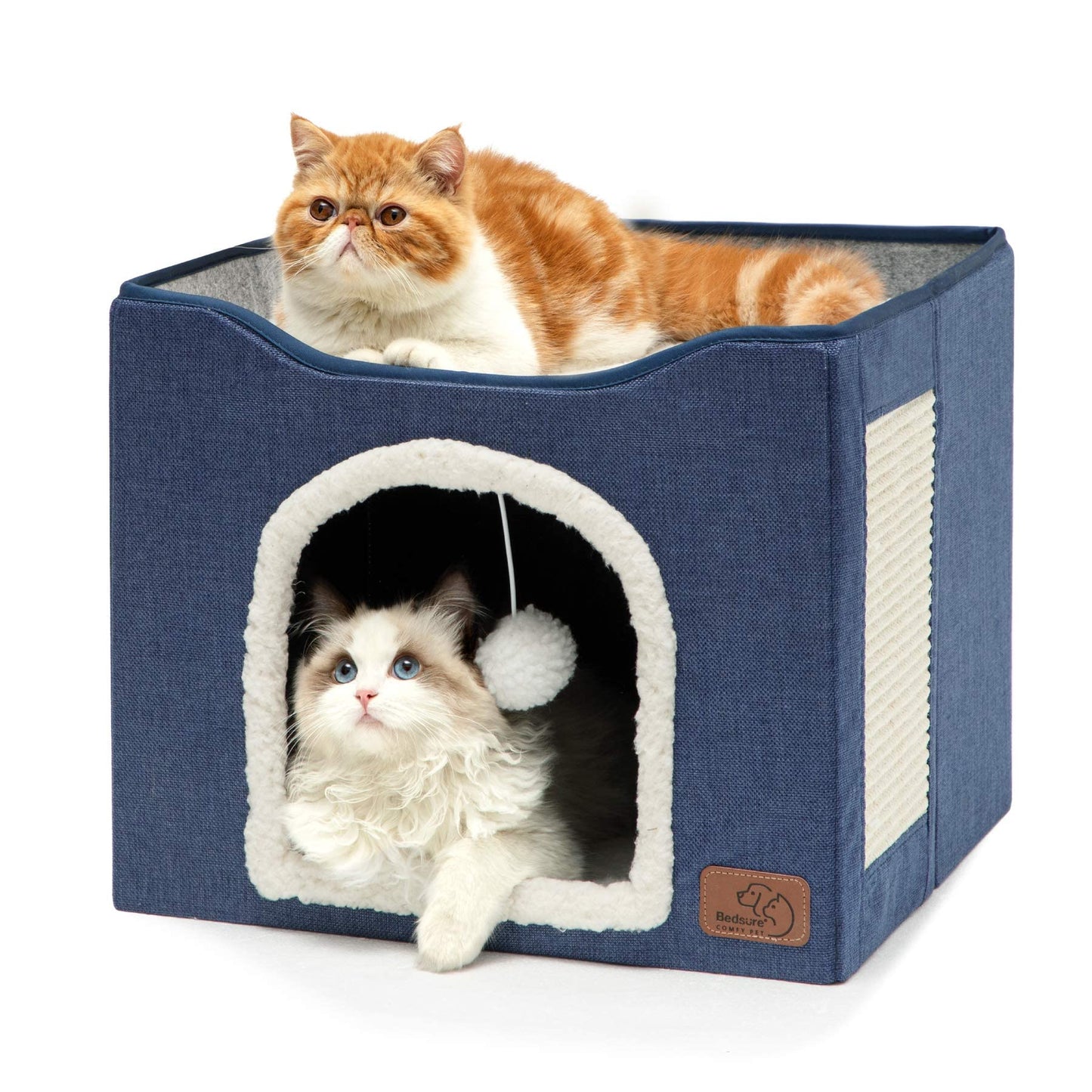 Bedsure Cat Beds for Indoor Cats - Large Cat Cave for Pet Cat House with Fluffy Ball Hanging and Scratch Pad, Foldable Cat Hideaway,16.5x16.5x13 inches, Grey