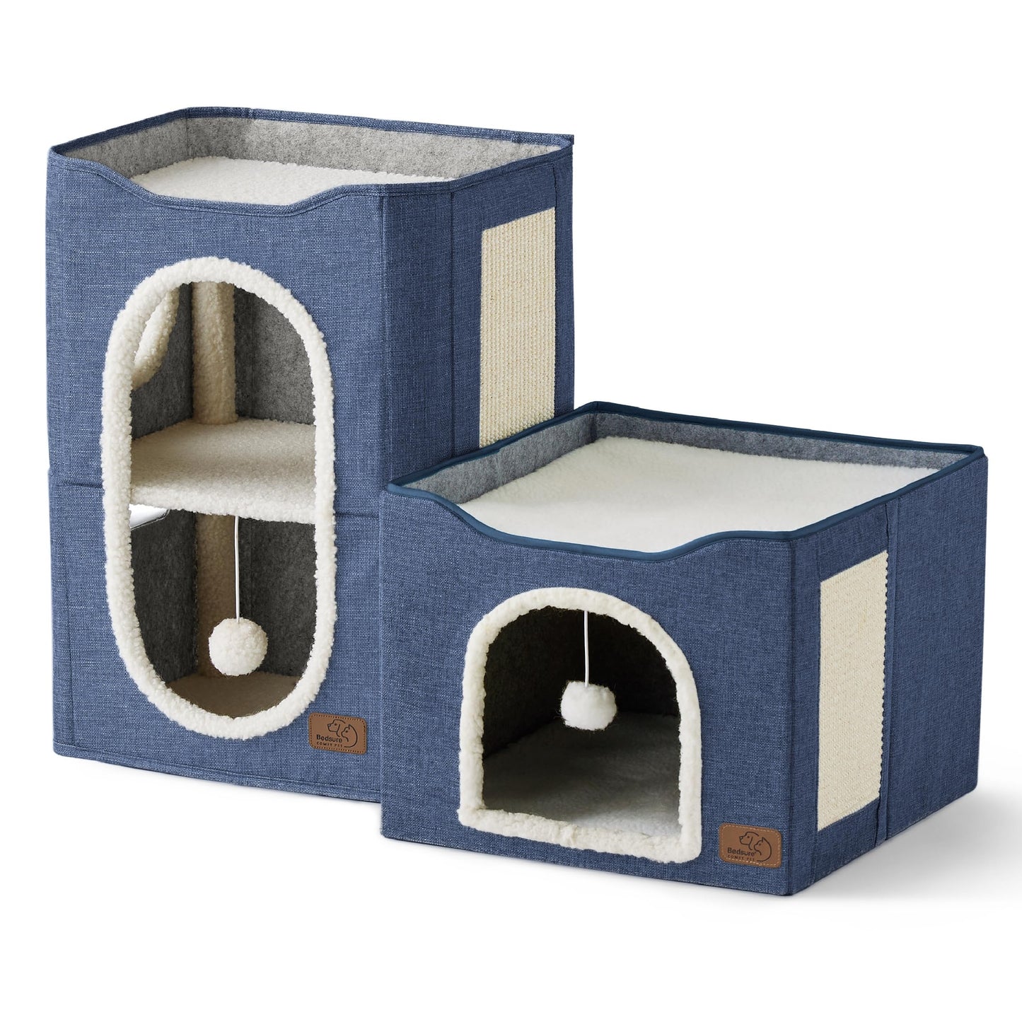 Bedsure Cat Beds for Indoor Cats - Large Cat Cave for Pet Cat House with Fluffy Ball Hanging and Scratch Pad, Foldable Cat Hideaway,16.5x16.5x13 inches, Grey