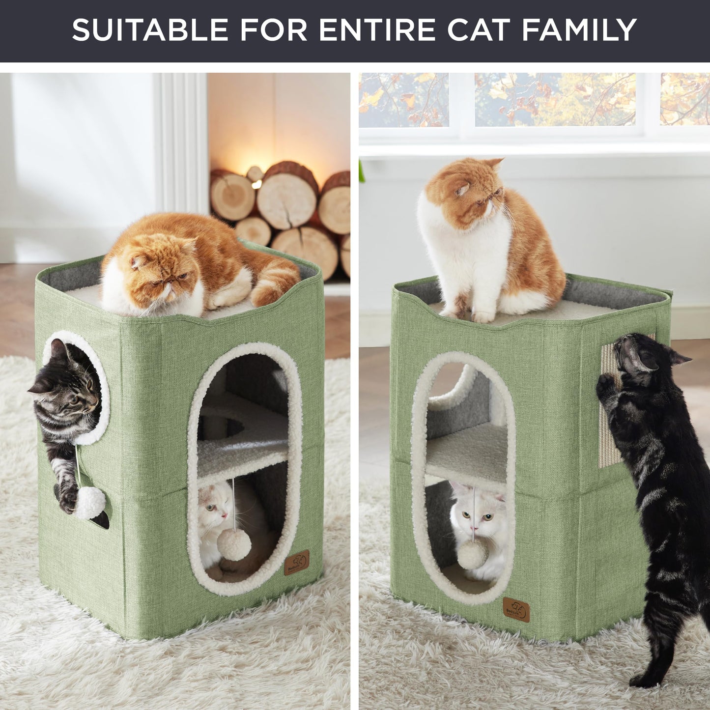 Bedsure Cat Beds for Indoor Cats - Large Cat Cave for Pet Cat House with Fluffy Ball Hanging and Scratch Pad, Foldable Cat Hideaway,16.5x16.5x13 inches, Grey