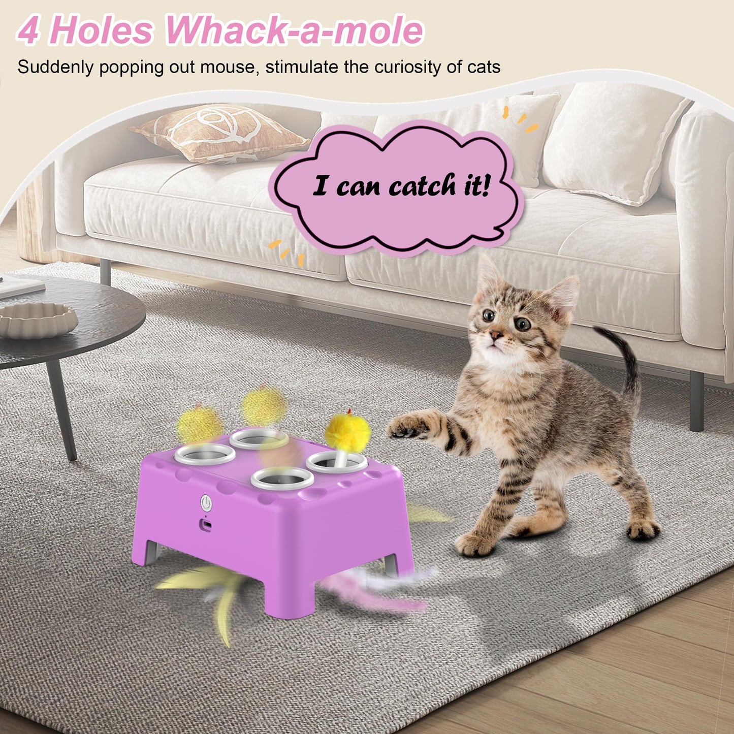 Interactive Cat Toys, 2-in-1 Automatic Cat Toy, 4 Holes Mice Whack A Mole Cat Mouse Toy with Moving Feather, Portable USB Rechargeable Electronic Kitten Toys White