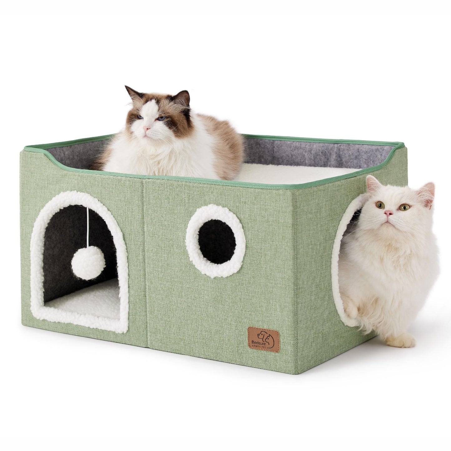 Bedsure Cat Beds for Indoor Cats - Large Cat Cave for Pet Cat House with Fluffy Ball Hanging and Scratch Pad, Foldable Cat Hideaway,16.5x16.5x13 inches, Grey