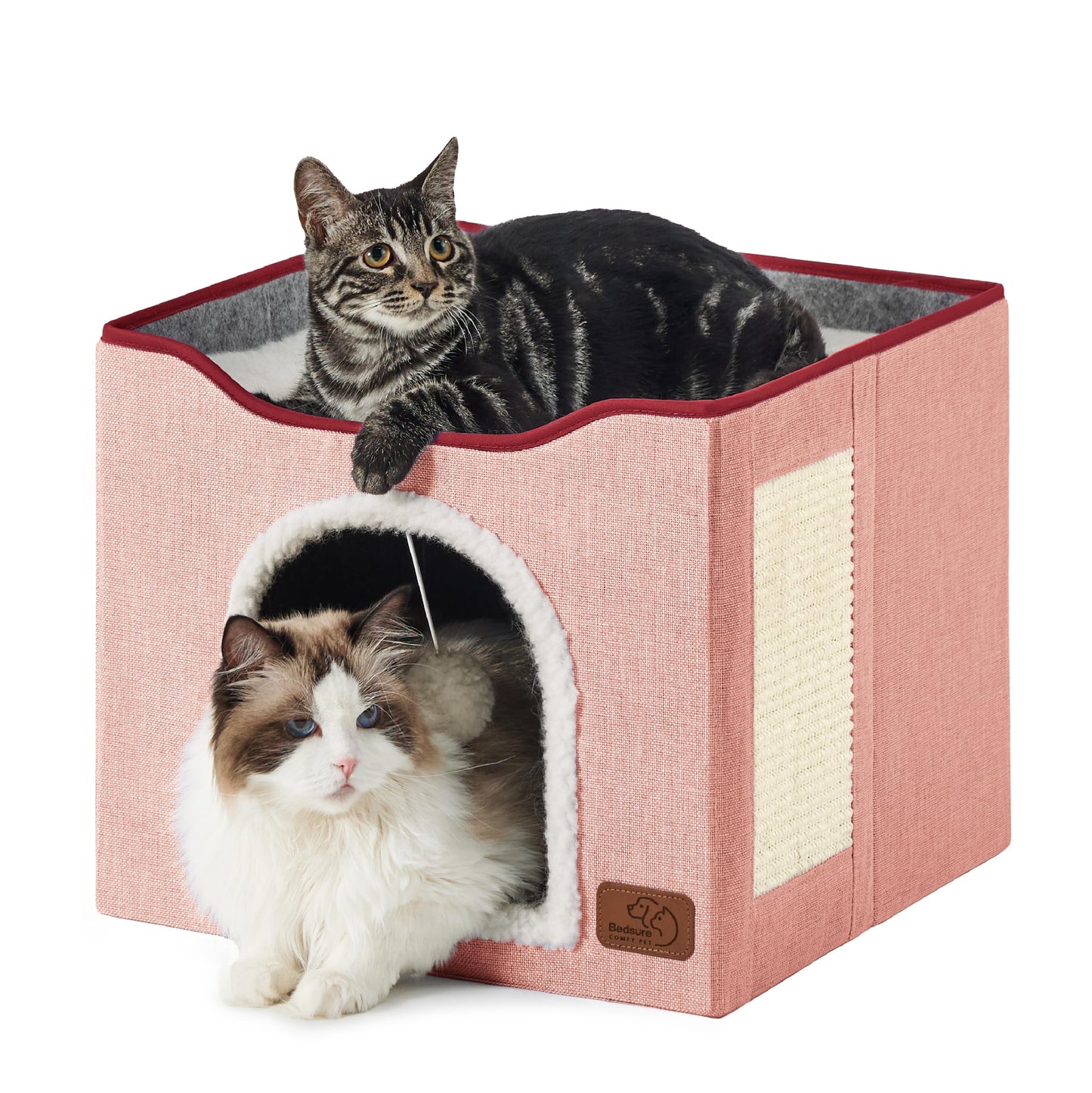 Bedsure Cat Beds for Indoor Cats - Large Cat Cave for Pet Cat House with Fluffy Ball Hanging and Scratch Pad, Foldable Cat Hideaway,16.5x16.5x13 inches, Grey