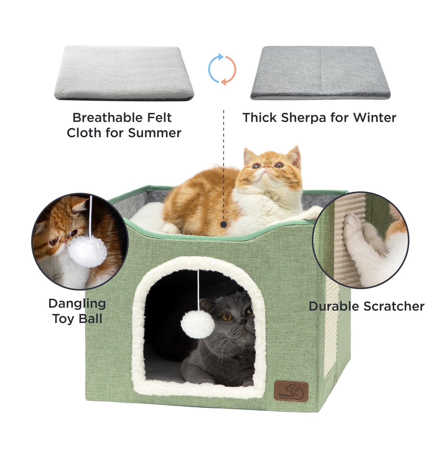 Bedsure Cat Beds for Indoor Cats - Large Cat Cave for Pet Cat House with Fluffy Ball Hanging and Scratch Pad, Foldable Cat Hideaway,16.5x16.5x13 inches, Grey