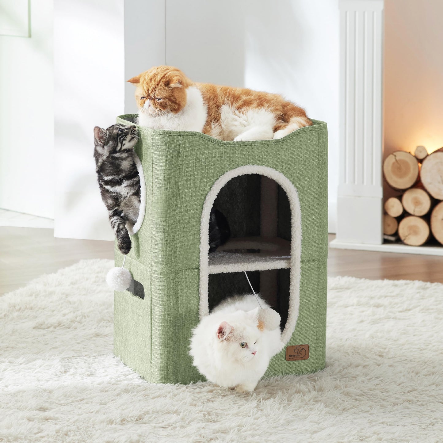 Bedsure Cat Beds for Indoor Cats - Large Cat Cave for Pet Cat House with Fluffy Ball Hanging and Scratch Pad, Foldable Cat Hideaway,16.5x16.5x13 inches, Grey