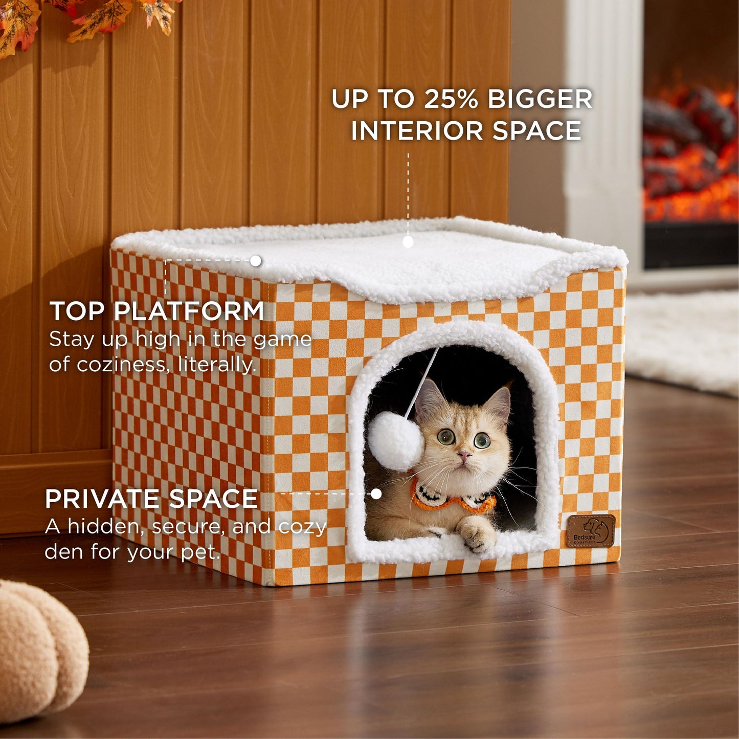 Bedsure Cat Beds for Indoor Cats - Large Cat Cave for Pet Cat House with Fluffy Ball Hanging and Scratch Pad, Foldable Cat Hideaway,16.5x16.5x13 inches, Grey