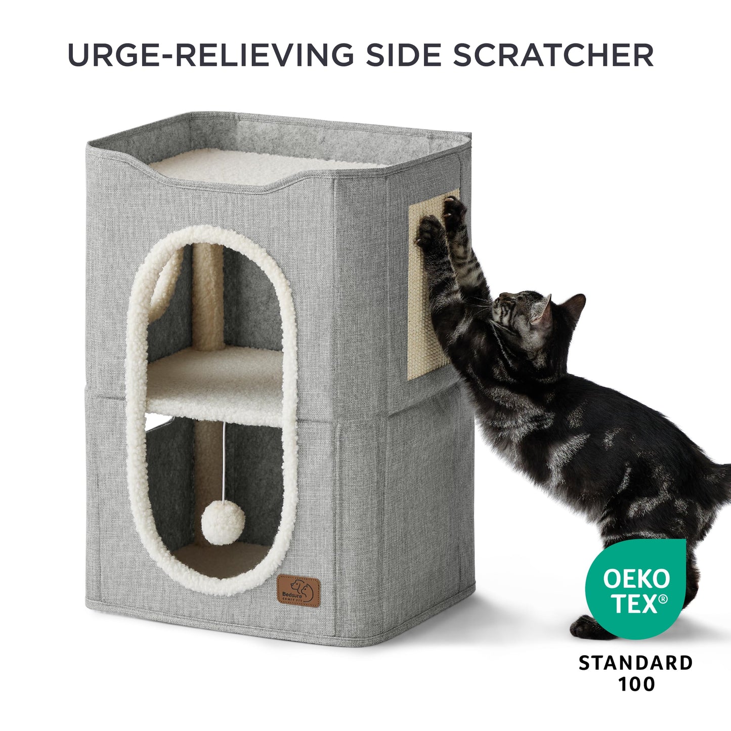 Bedsure Cat Beds for Indoor Cats - Large Cat Cave for Pet Cat House with Fluffy Ball Hanging and Scratch Pad, Foldable Cat Hideaway,16.5x16.5x13 inches, Grey