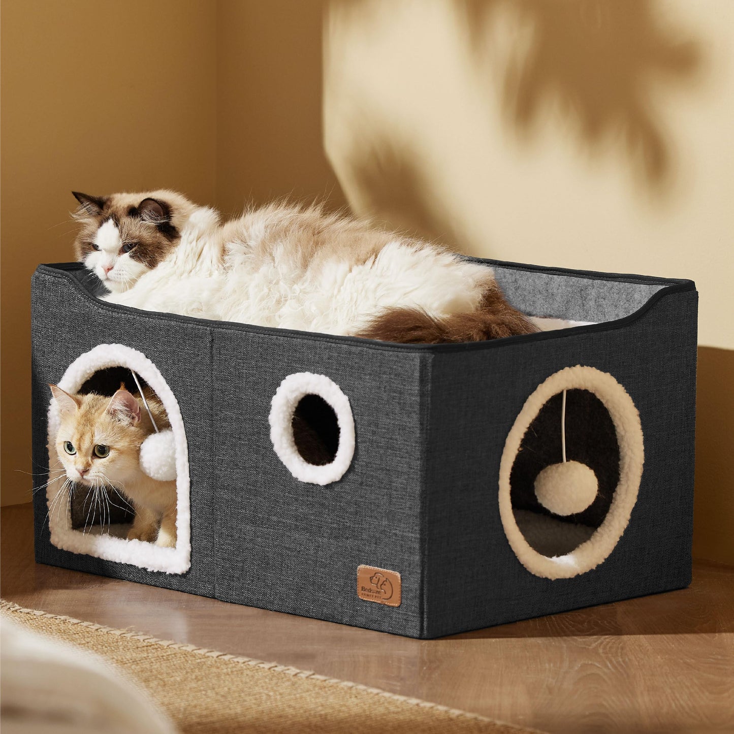 Bedsure Cat Beds for Indoor Cats - Large Cat Cave for Pet Cat House with Fluffy Ball Hanging and Scratch Pad, Foldable Cat Hideaway,16.5x16.5x13 inches, Grey