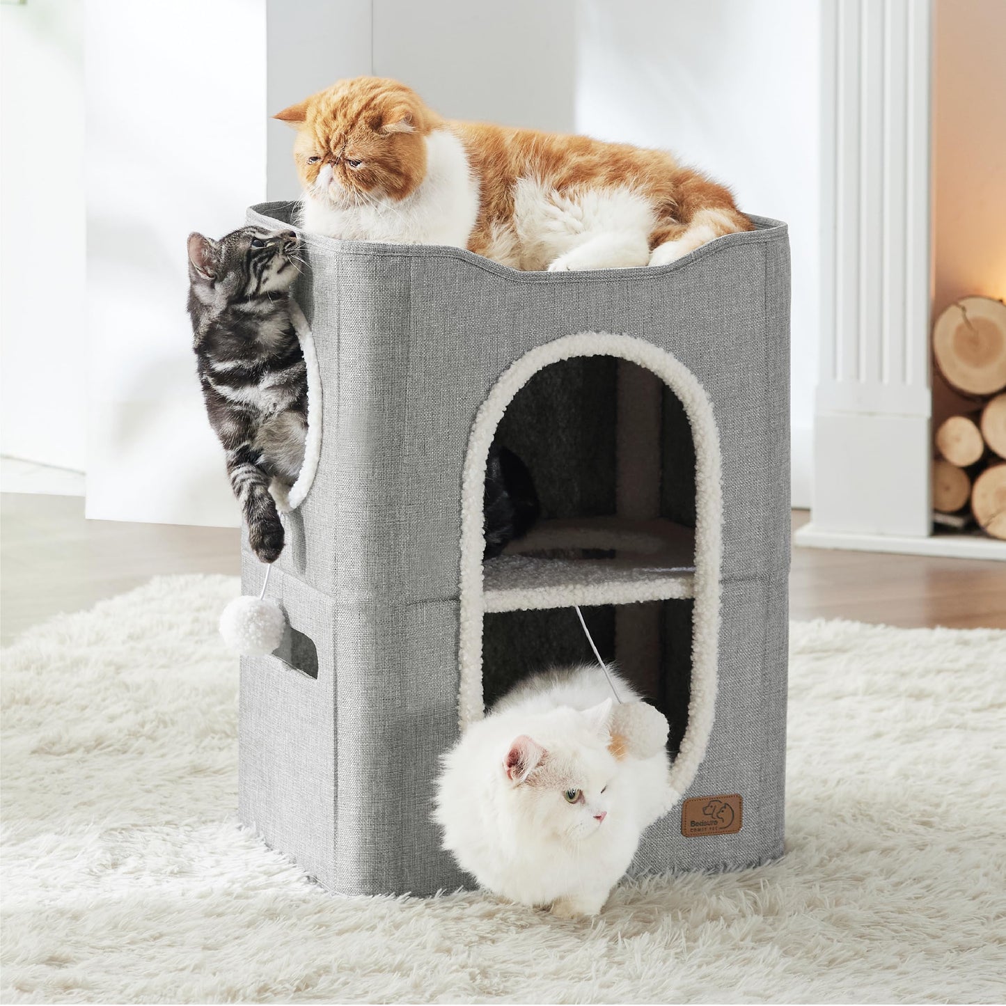 Bedsure Cat Beds for Indoor Cats - Large Cat Cave for Pet Cat House with Fluffy Ball Hanging and Scratch Pad, Foldable Cat Hideaway,16.5x16.5x13 inches, Grey