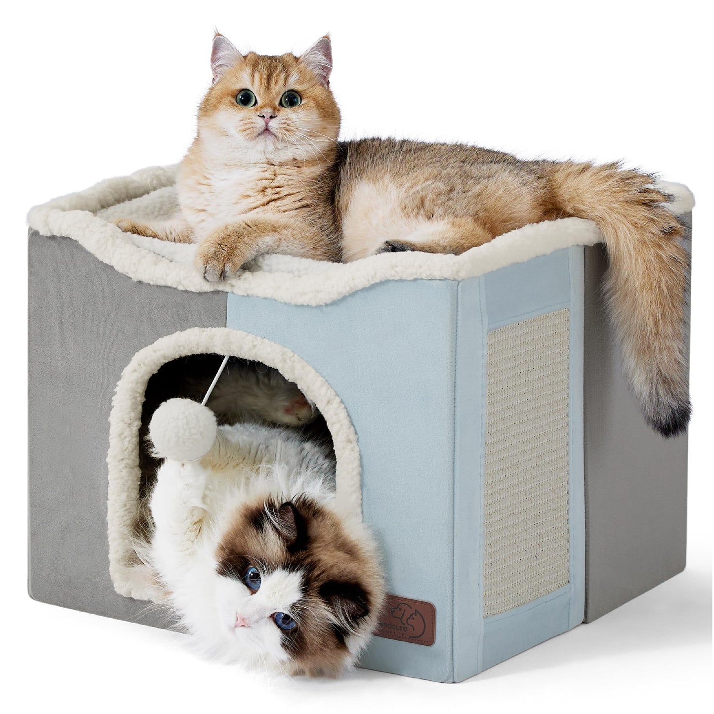 Bedsure Cat Beds for Indoor Cats - Large Cat Cave for Pet Cat House with Fluffy Ball Hanging and Scratch Pad, Foldable Cat Hideaway,16.5x16.5x13 inches, Grey