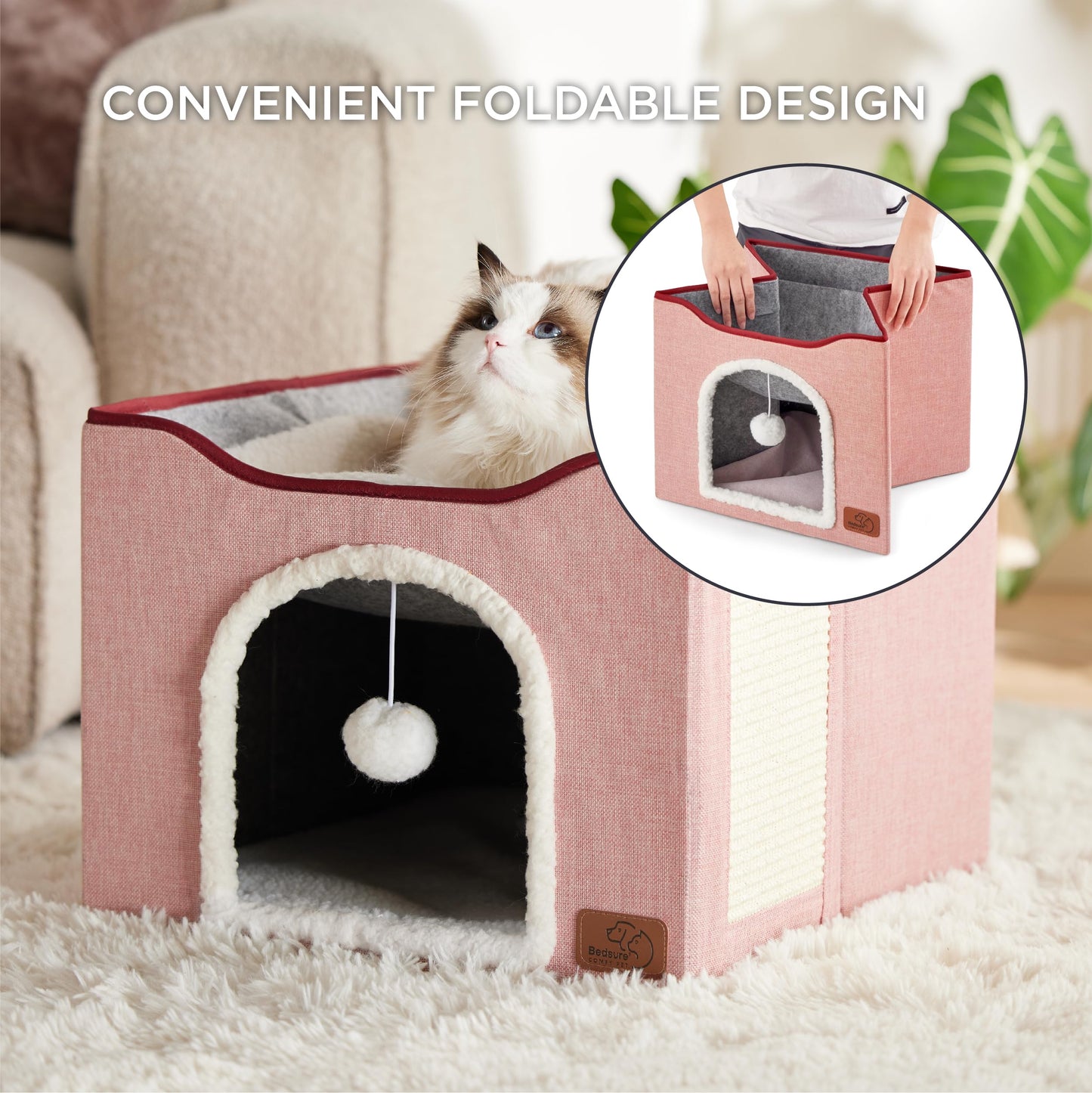 Bedsure Cat Beds for Indoor Cats - Large Cat Cave for Pet Cat House with Fluffy Ball Hanging and Scratch Pad, Foldable Cat Hideaway,16.5x16.5x13 inches, Grey