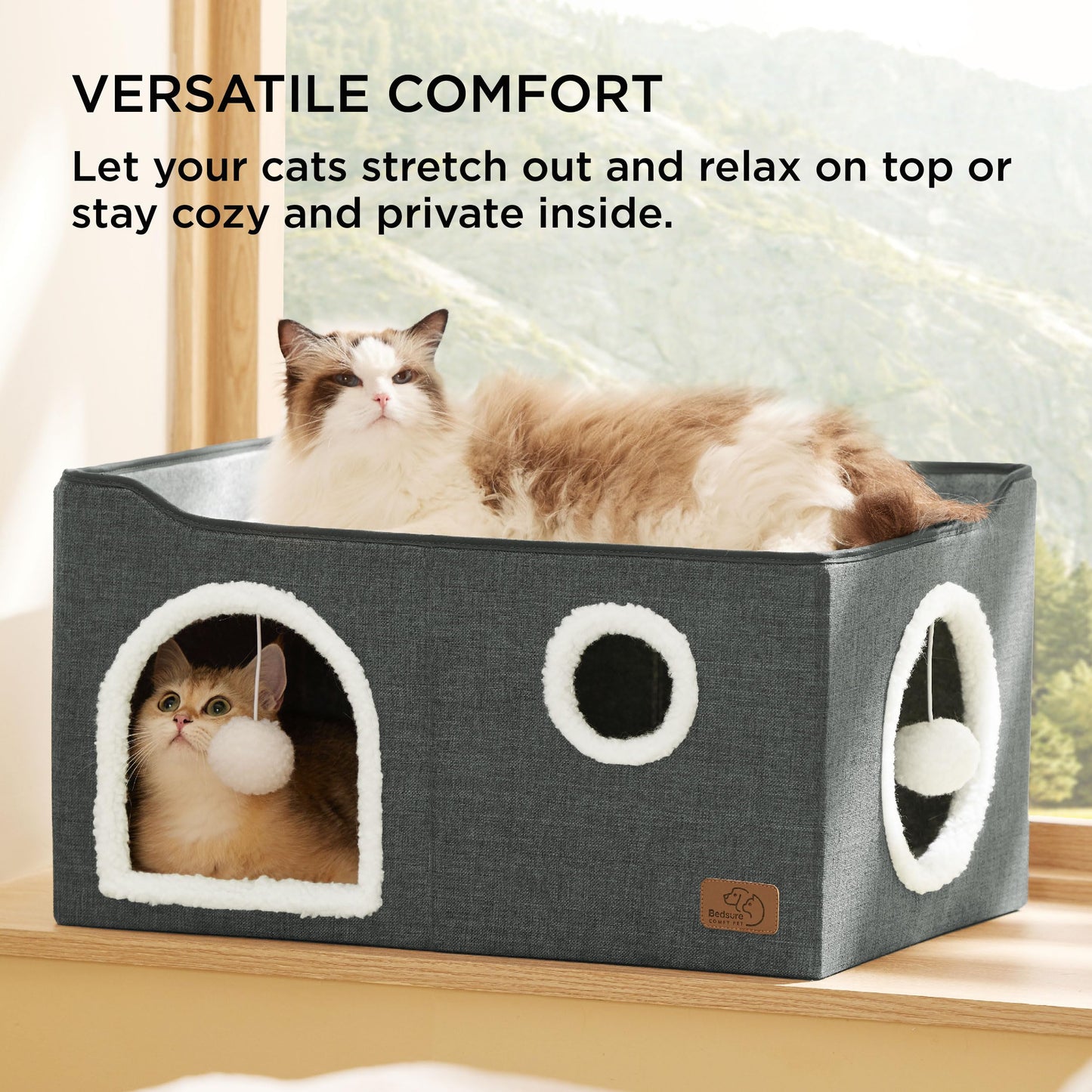 Bedsure Cat Beds for Indoor Cats - Large Cat Cave for Pet Cat House with Fluffy Ball Hanging and Scratch Pad, Foldable Cat Hideaway,16.5x16.5x13 inches, Grey