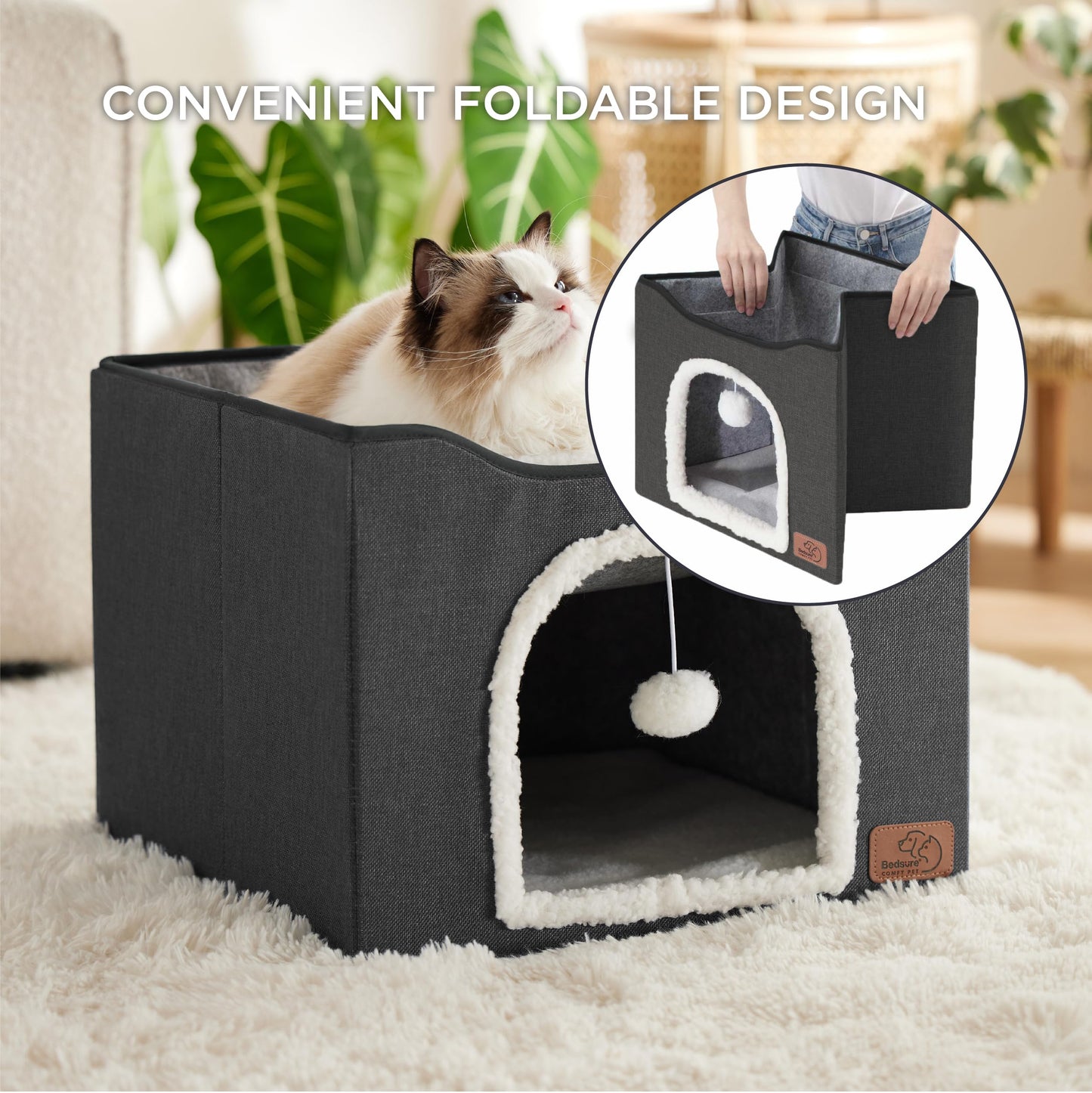 Bedsure Cat Beds for Indoor Cats - Large Cat Cave for Pet Cat House with Fluffy Ball Hanging and Scratch Pad, Foldable Cat Hideaway,16.5x16.5x13 inches, Grey