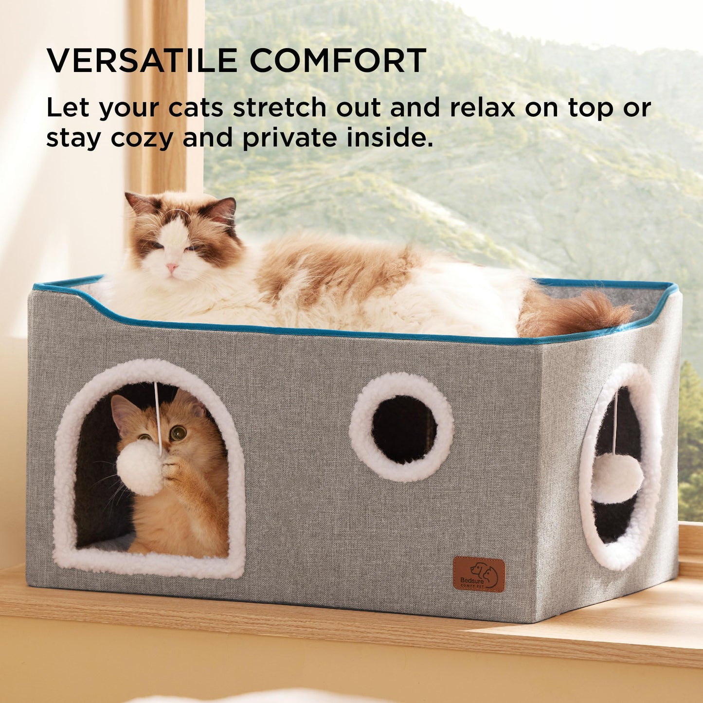 Bedsure Cat Beds for Indoor Cats - Large Cat Cave for Pet Cat House with Fluffy Ball Hanging and Scratch Pad, Foldable Cat Hideaway,16.5x16.5x13 inches, Grey