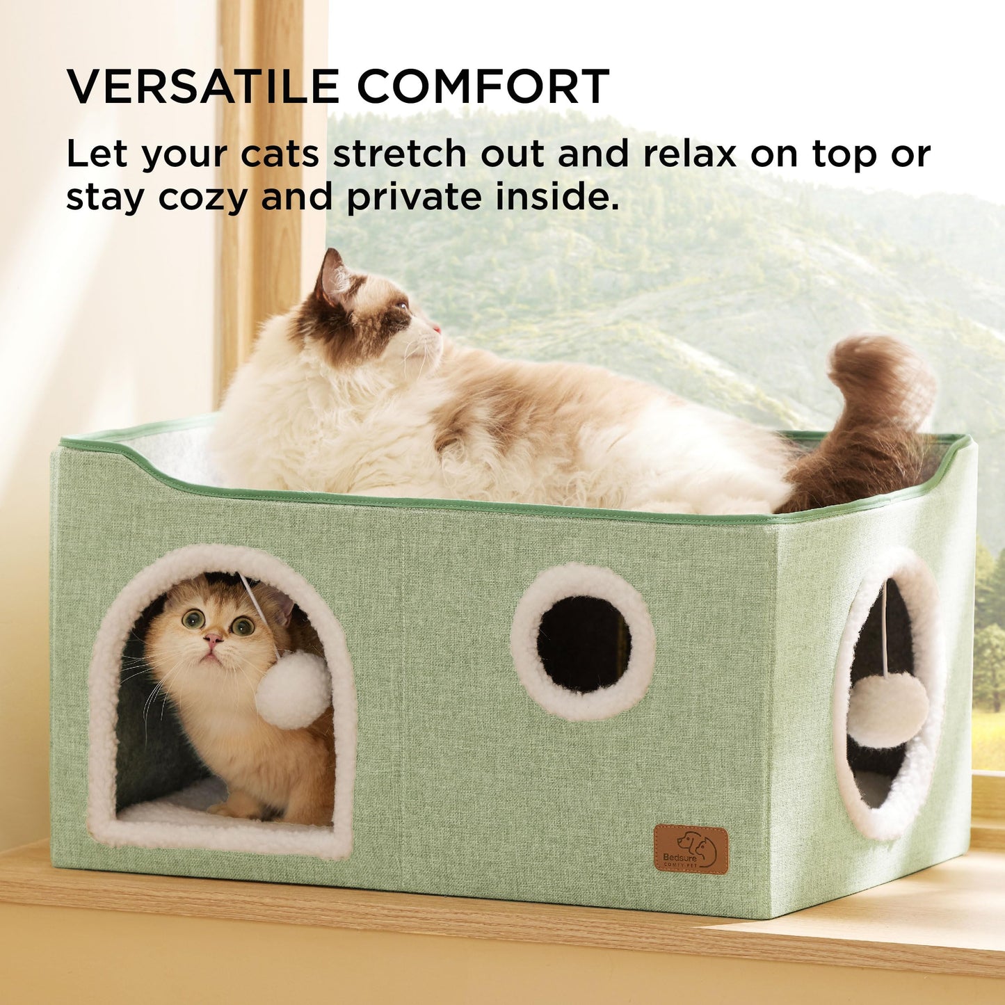 Bedsure Cat Beds for Indoor Cats - Large Cat Cave for Pet Cat House with Fluffy Ball Hanging and Scratch Pad, Foldable Cat Hideaway,16.5x16.5x13 inches, Grey