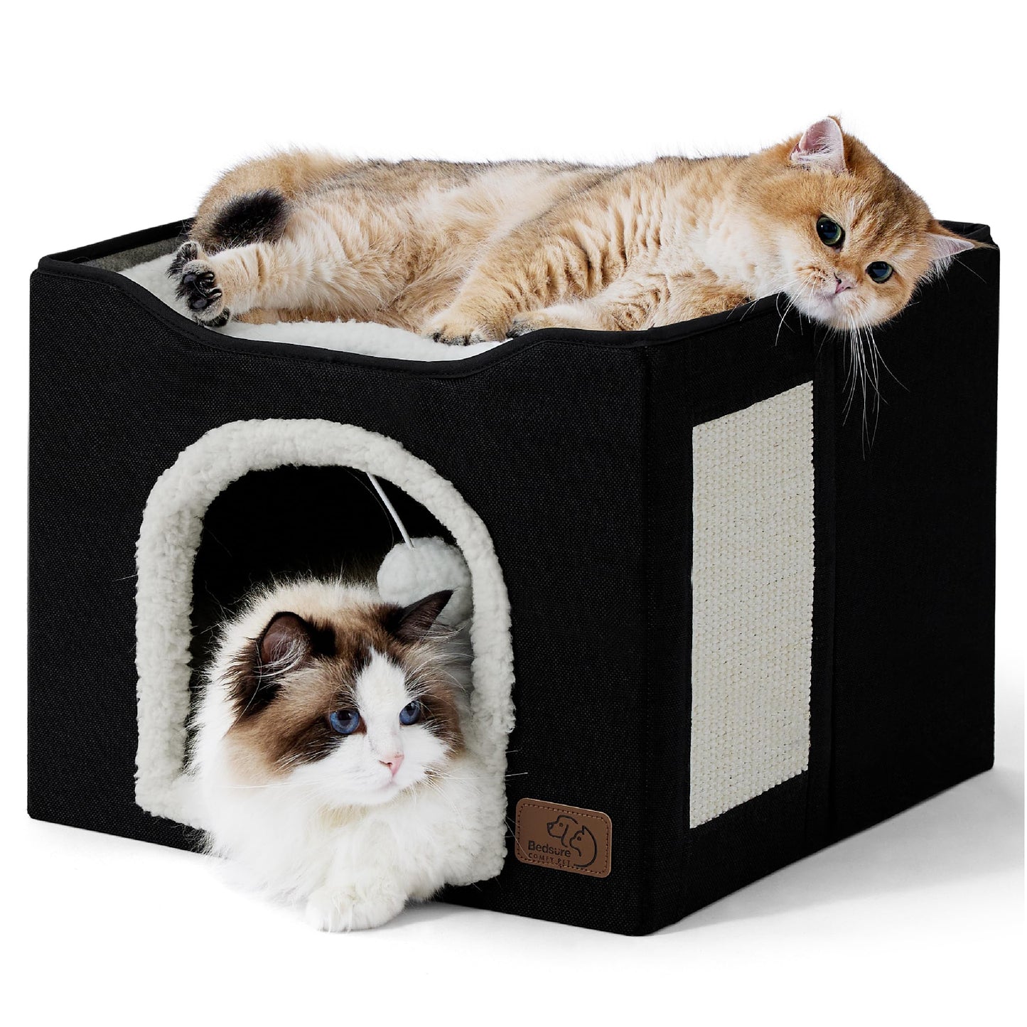 Bedsure Cat Beds for Indoor Cats - Large Cat Cave for Pet Cat House with Fluffy Ball Hanging and Scratch Pad, Foldable Cat Hideaway,16.5x16.5x13 inches, Grey