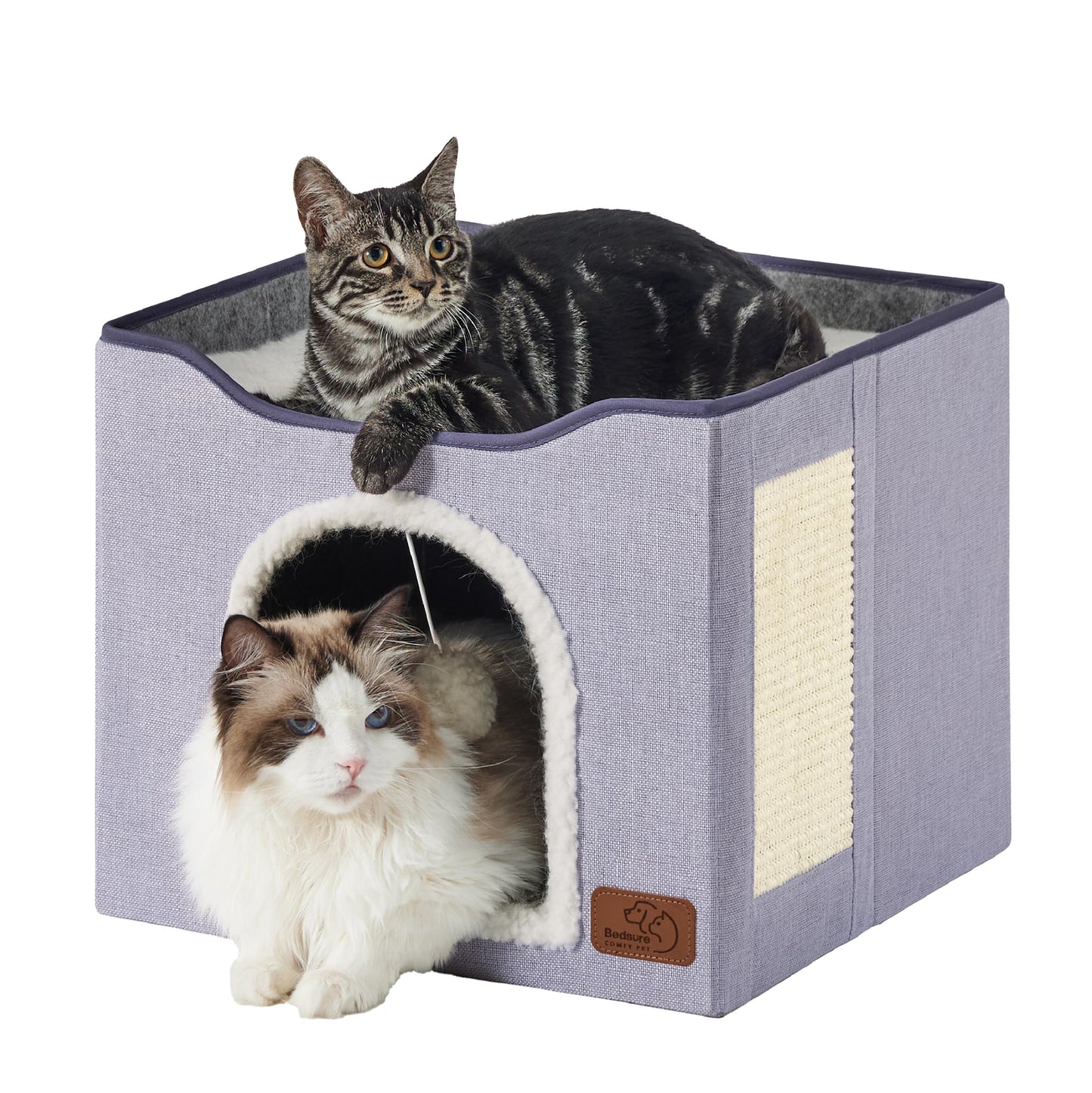 Bedsure Cat Beds for Indoor Cats - Large Cat Cave for Pet Cat House with Fluffy Ball Hanging and Scratch Pad, Foldable Cat Hideaway,16.5x16.5x13 inches, Grey