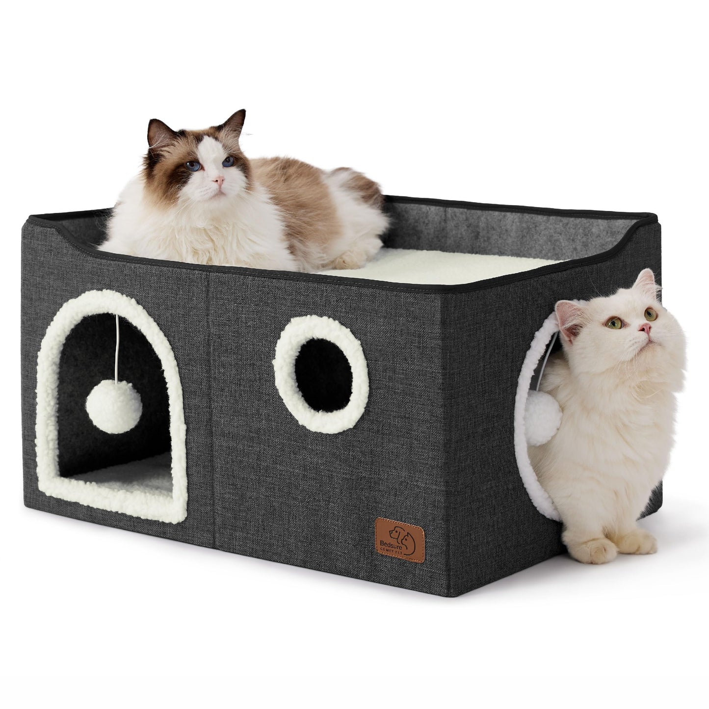 Bedsure Cat Beds for Indoor Cats - Large Cat Cave for Pet Cat House with Fluffy Ball Hanging and Scratch Pad, Foldable Cat Hideaway,16.5x16.5x13 inches, Grey