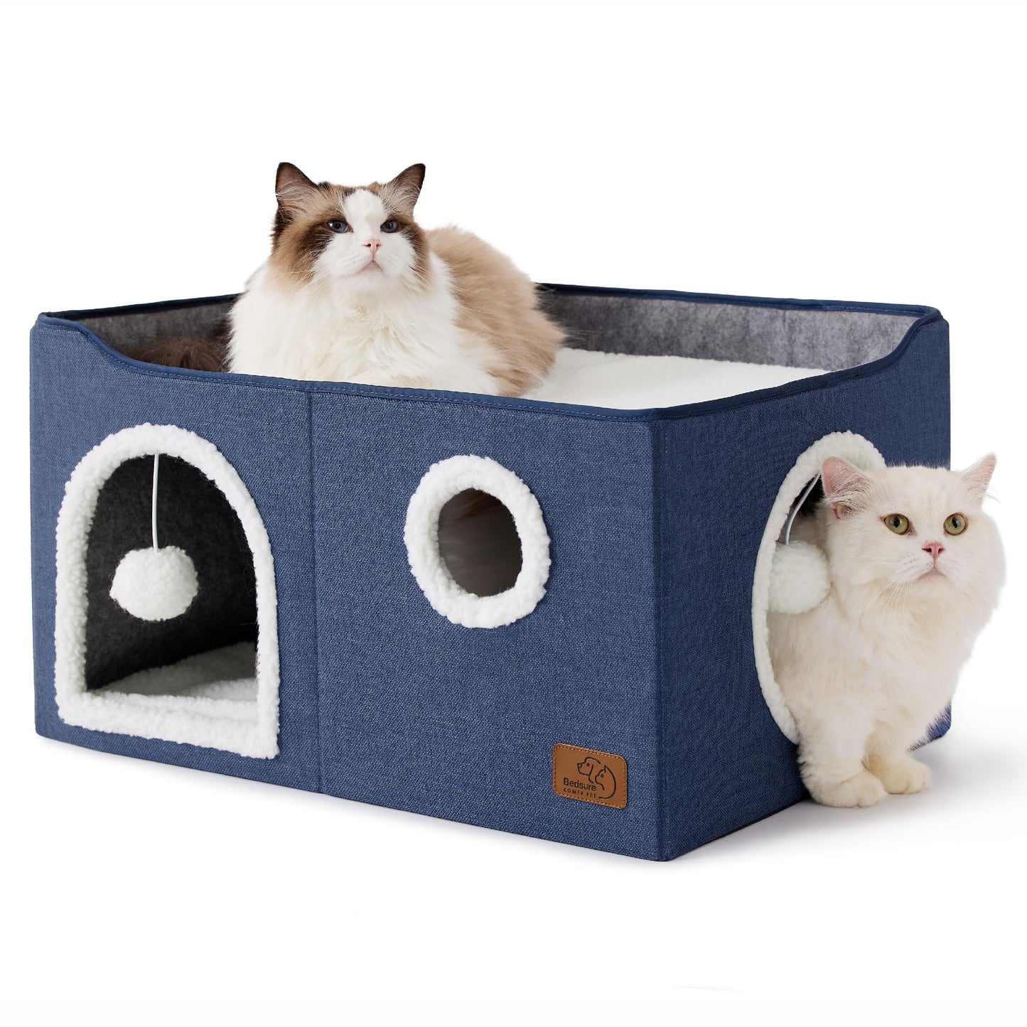 Bedsure Cat Beds for Indoor Cats - Large Cat Cave for Pet Cat House with Fluffy Ball Hanging and Scratch Pad, Foldable Cat Hideaway,16.5x16.5x13 inches, Grey