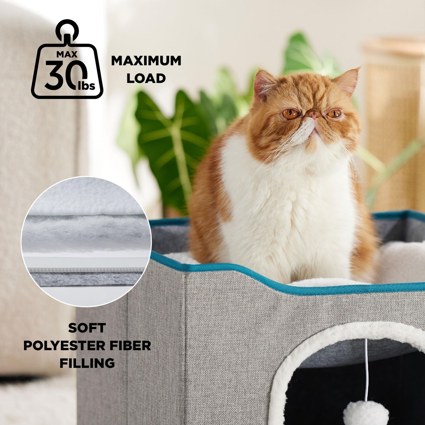 Bedsure Cat Beds for Indoor Cats - Large Cat Cave for Pet Cat House with Fluffy Ball Hanging and Scratch Pad, Foldable Cat Hideaway,16.5x16.5x13 inches, Grey