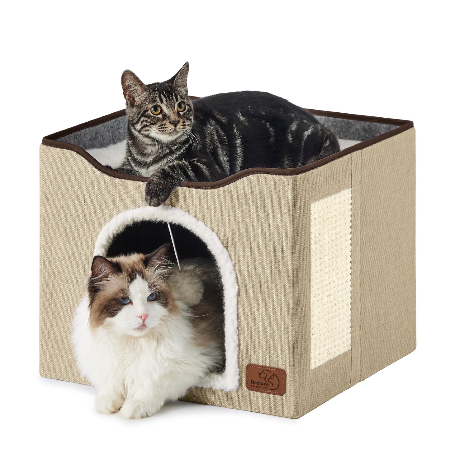 Bedsure Cat Beds for Indoor Cats - Large Cat Cave for Pet Cat House with Fluffy Ball Hanging and Scratch Pad, Foldable Cat Hideaway,16.5x16.5x13 inches, Grey