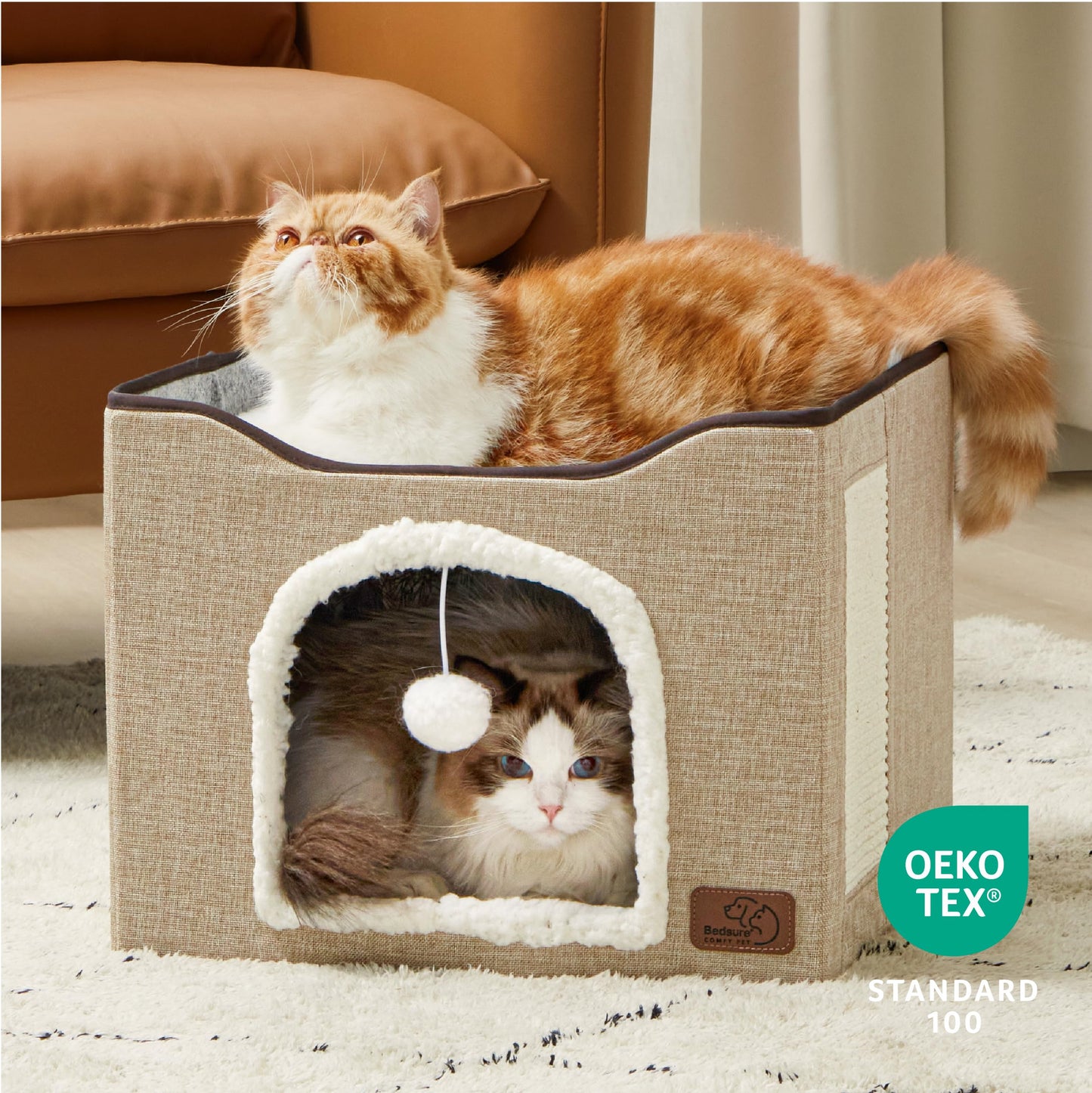 Bedsure Cat Beds for Indoor Cats - Large Cat Cave for Pet Cat House with Fluffy Ball Hanging and Scratch Pad, Foldable Cat Hideaway,16.5x16.5x13 inches, Grey