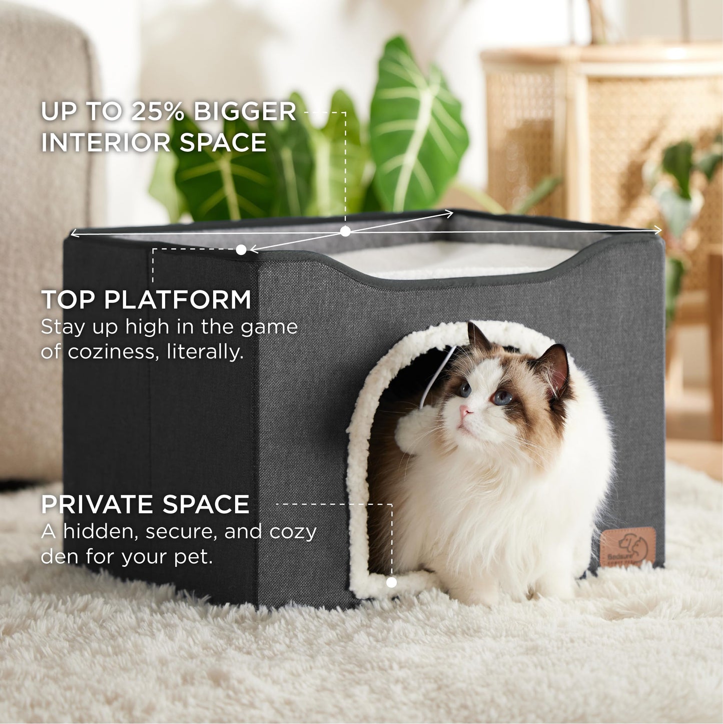 Bedsure Cat Beds for Indoor Cats - Large Cat Cave for Pet Cat House with Fluffy Ball Hanging and Scratch Pad, Foldable Cat Hideaway,16.5x16.5x13 inches, Grey