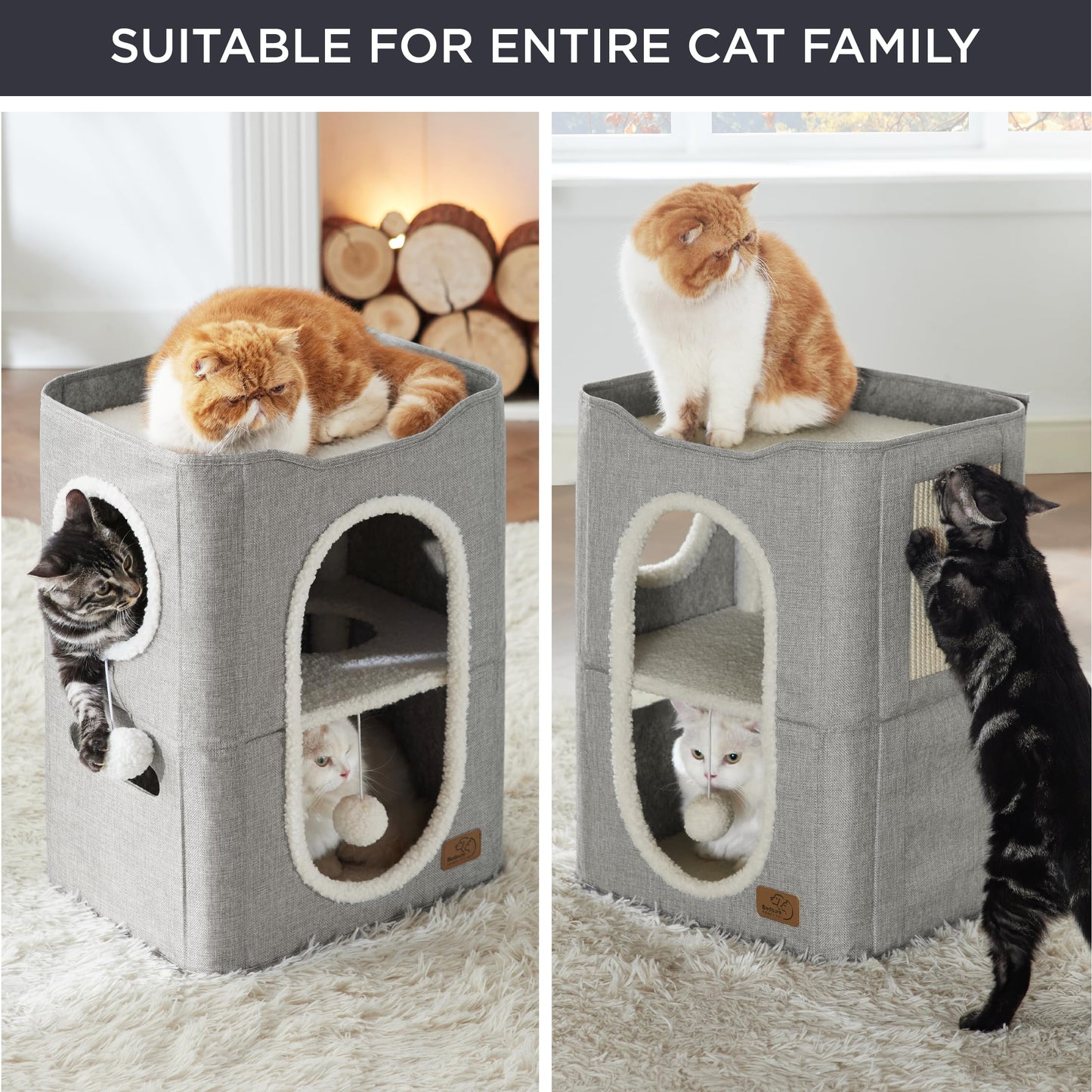 Bedsure Cat Beds for Indoor Cats - Large Cat Cave for Pet Cat House with Fluffy Ball Hanging and Scratch Pad, Foldable Cat Hideaway,16.5x16.5x13 inches, Grey