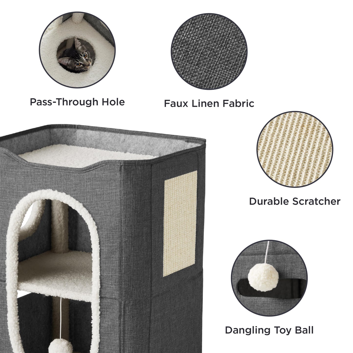 Bedsure Cat Beds for Indoor Cats - Large Cat Cave for Pet Cat House with Fluffy Ball Hanging and Scratch Pad, Foldable Cat Hideaway,16.5x16.5x13 inches, Grey